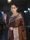 Banarasee Jamewar Tanchoi Soft Silk Saree with Contrast Border-Brown