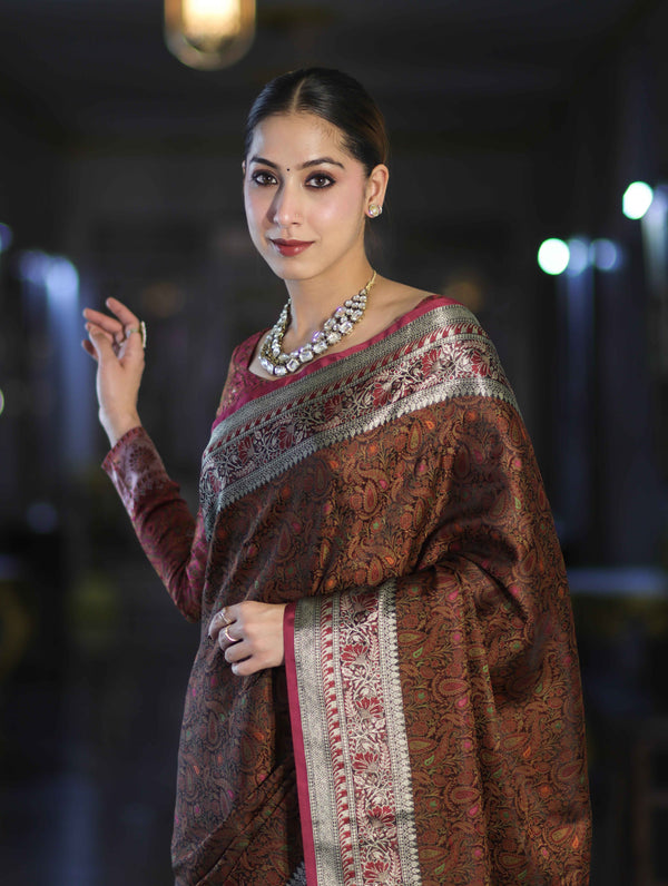 Banarasee Jamewar Tanchoi Soft Silk Saree with Contrast Border-Brown