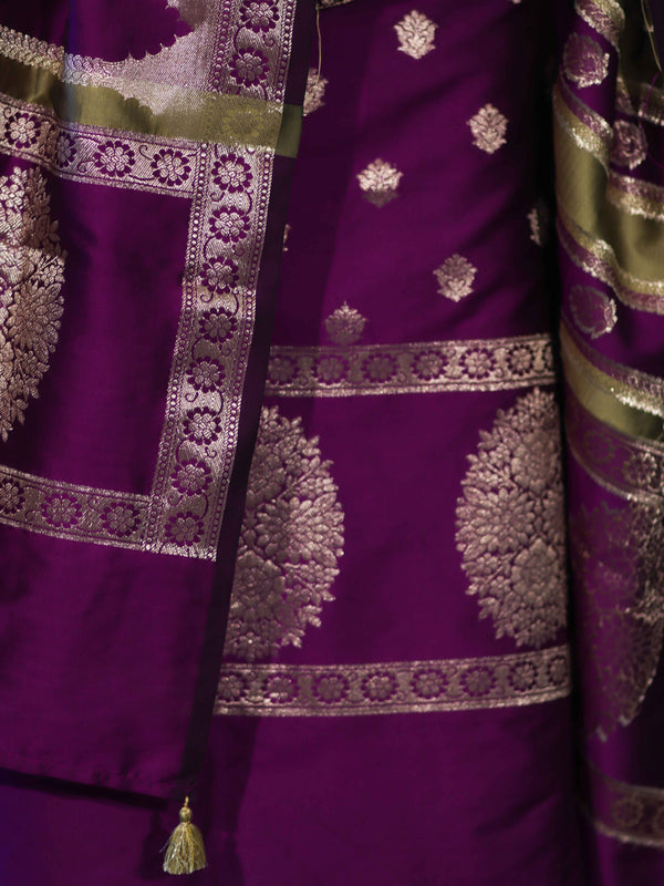 Banarasee Semi Katan Zari Work Salwar Kameez Fabric With Dupatta Set-Violet