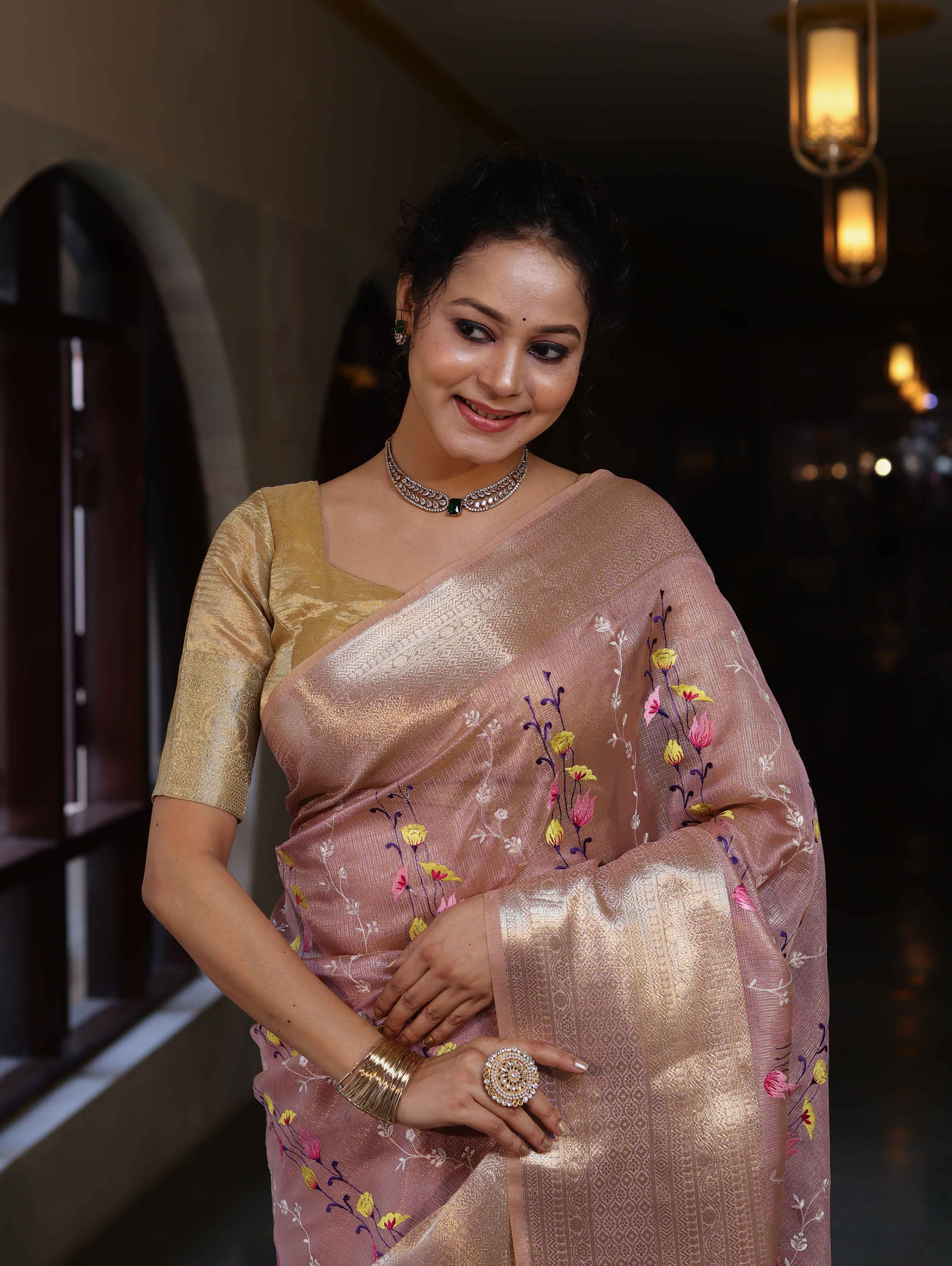 Banarasee Handwoven Tissue Saree With Thread Embroidery Digital Prints & Zari Border-Light Pink