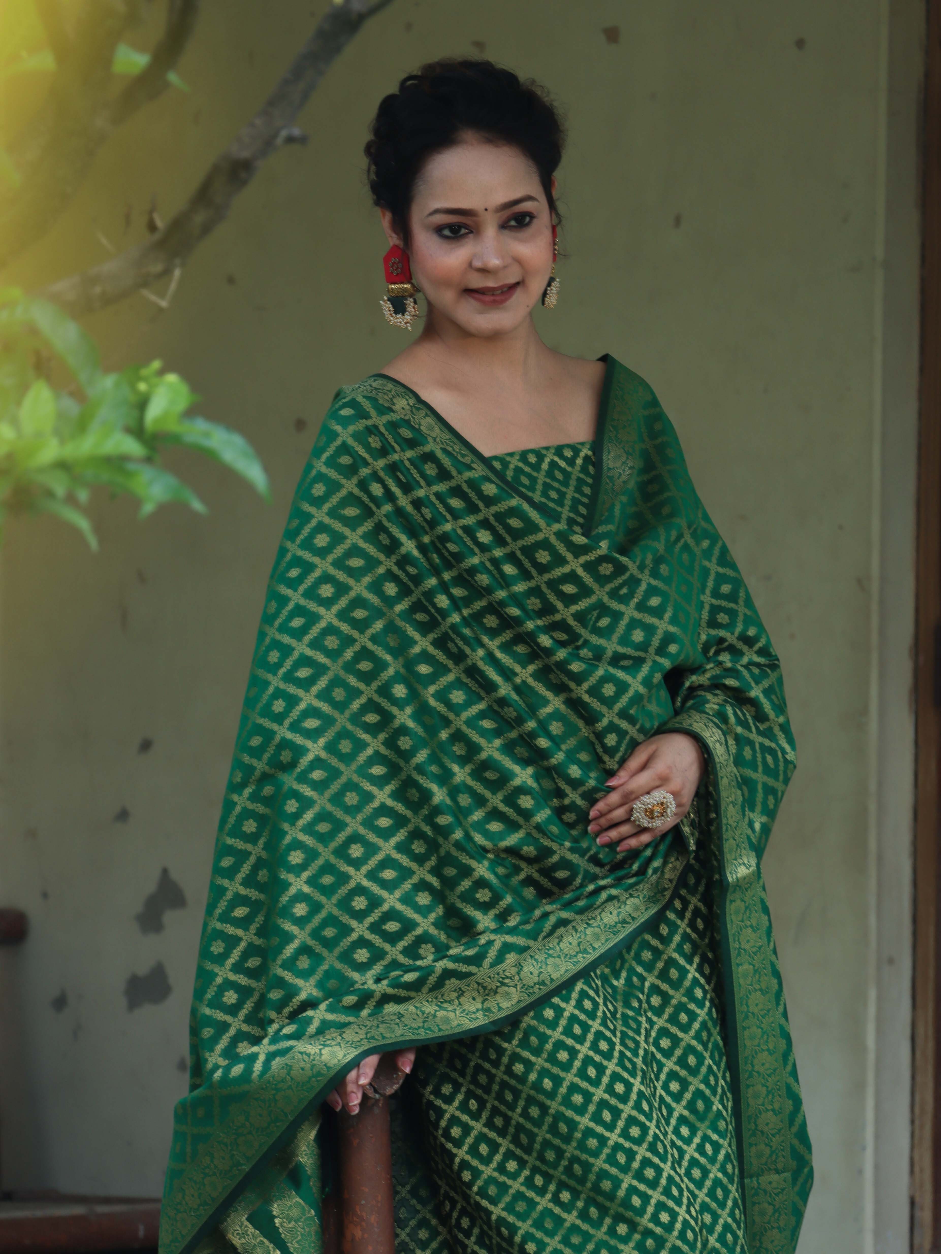 Banarasee Cotton Silk Zari Woven Salwar Kameez Dupatta Set-Green