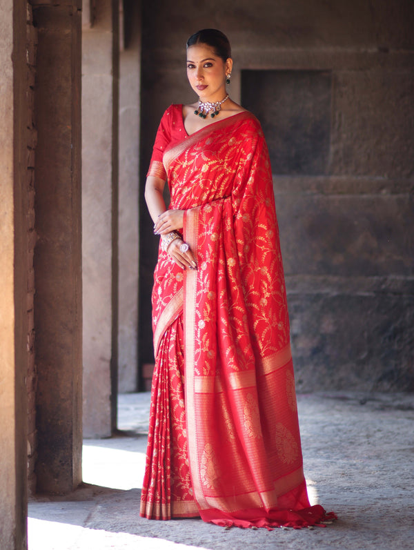 Banarasee Handloom Semi Silk Saree With Sona Rupa Zari Work & Border-Red