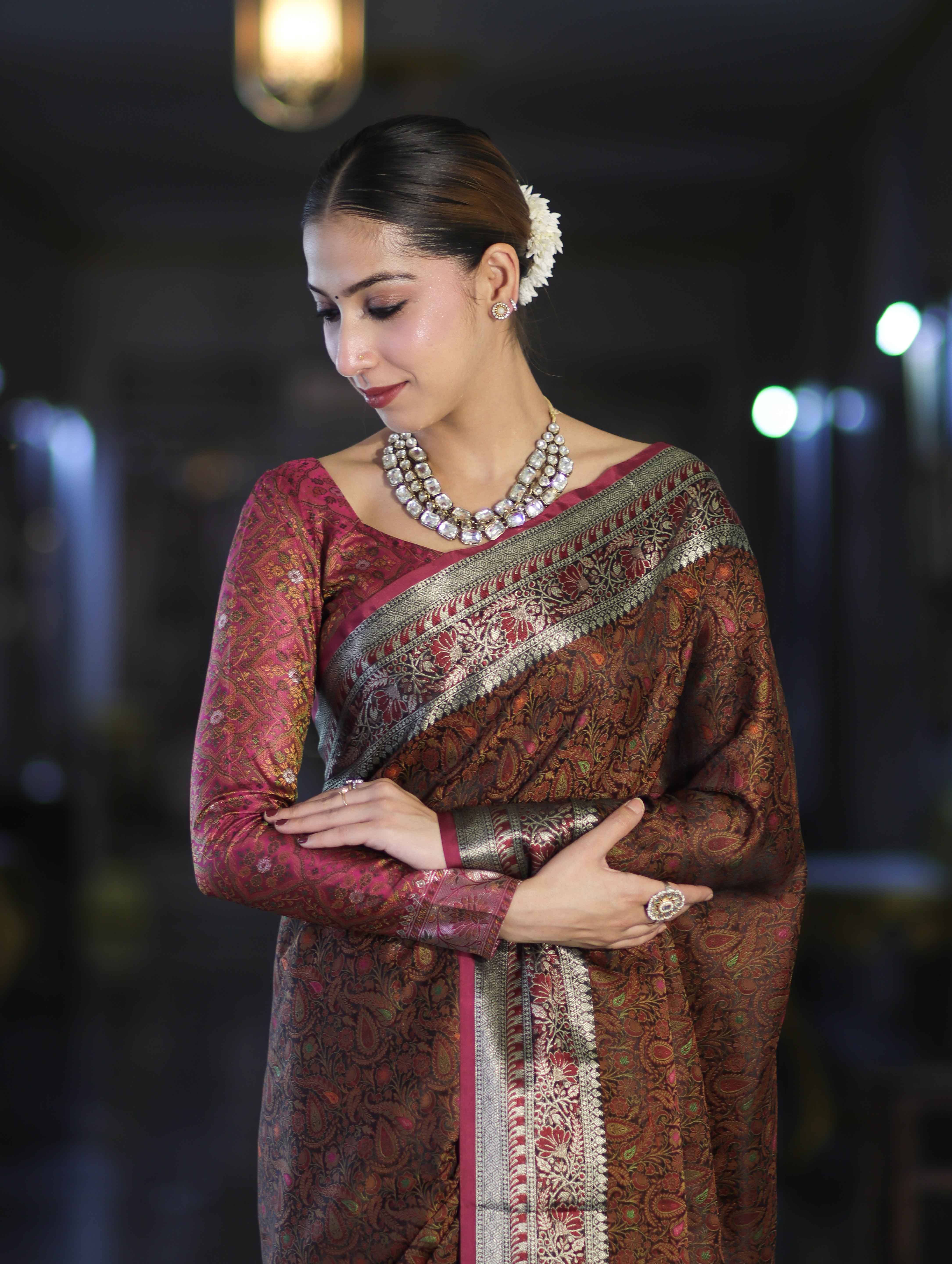 Banarasee Jamewar Tanchoi Soft Silk Saree with Contrast Border-Brown
