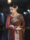 Banarasee Jamewar Tanchoi Soft Silk Saree with Contrast Border-Brown