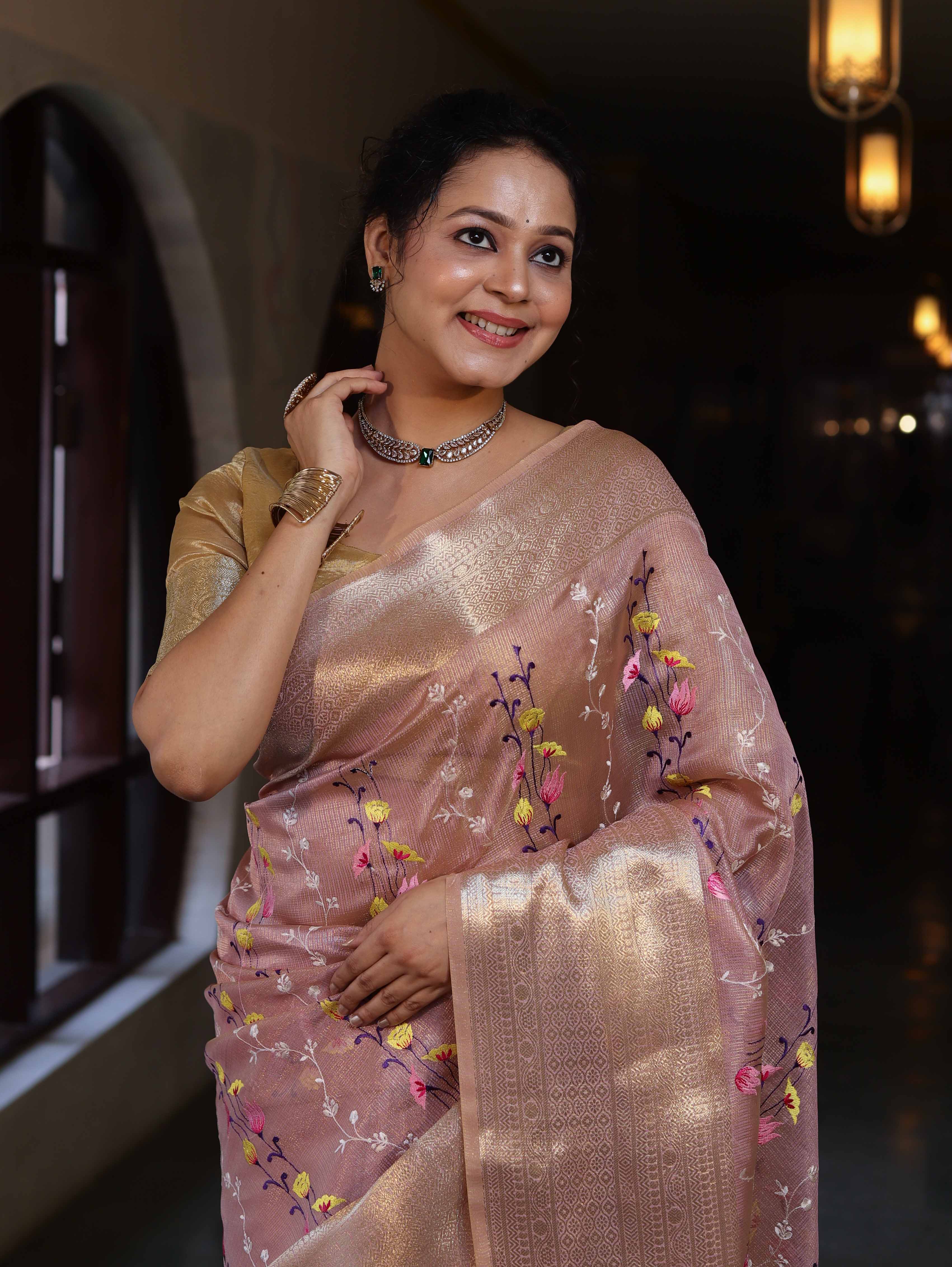 Banarasee Handwoven Tissue Saree With Thread Embroidery Digital Prints & Zari Border-Light Pink