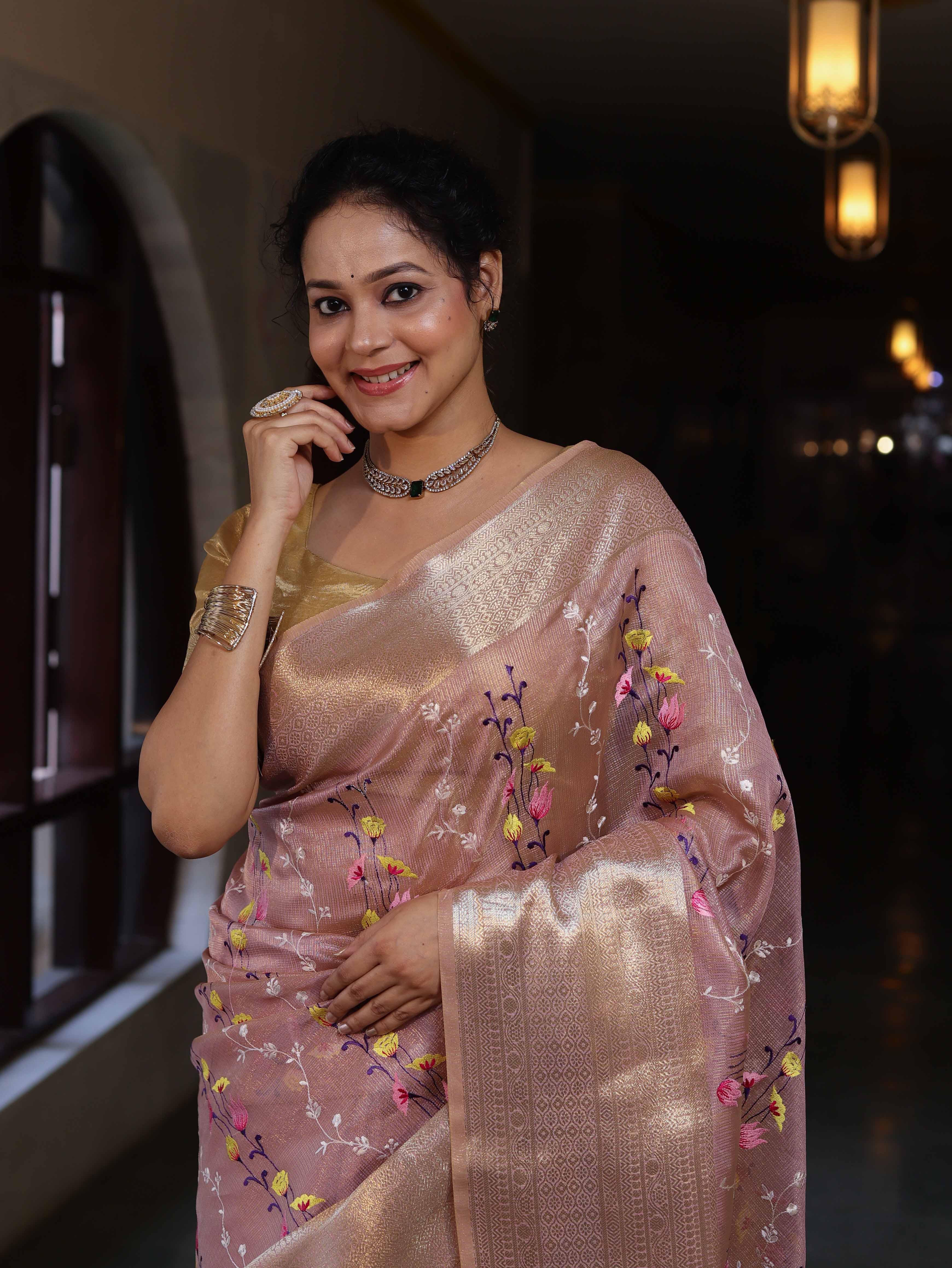 Banarasee Handwoven Tissue Saree With Thread Embroidery Digital Prints & Zari Border-Light Pink