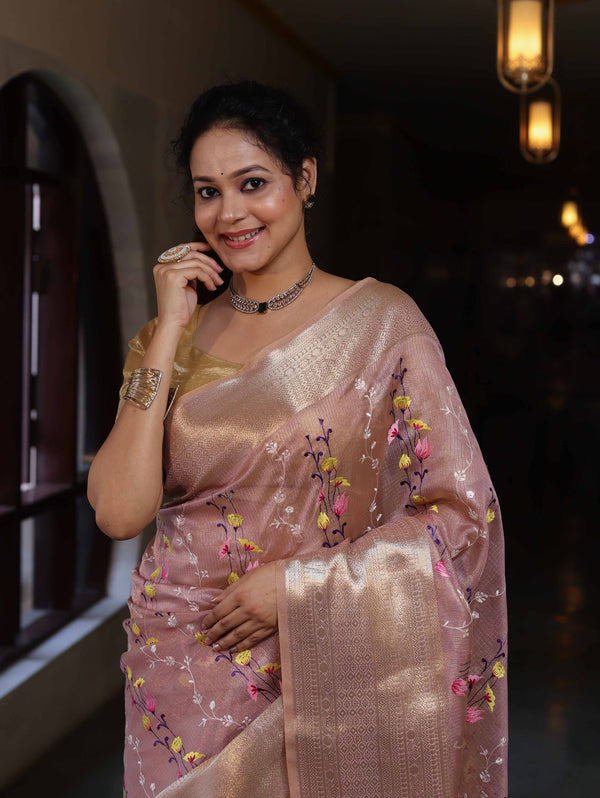 Banarasee Handwoven Tissue Saree With Thread Embroidery Digital Prints & Zari Border-Light Pink