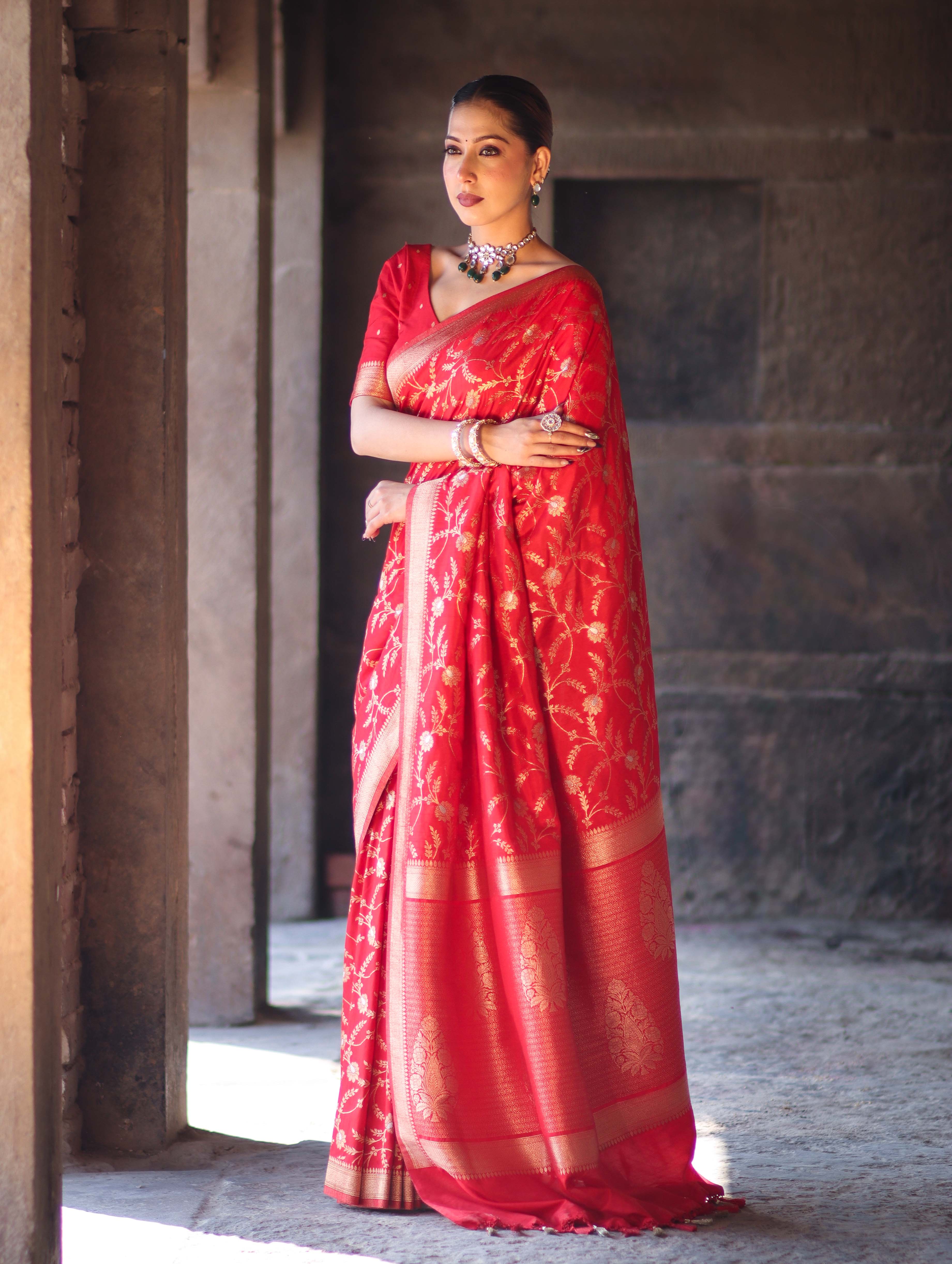 Banarasee Handloom Semi Silk Saree With Sona Rupa Zari Work & Border-Red