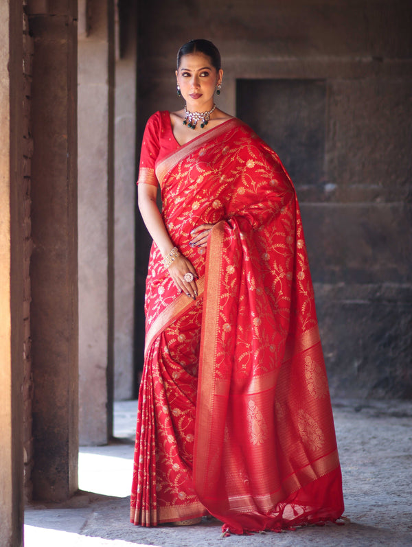 Banarasee Handloom Semi Silk Saree With Sona Rupa Zari Work & Border-Red