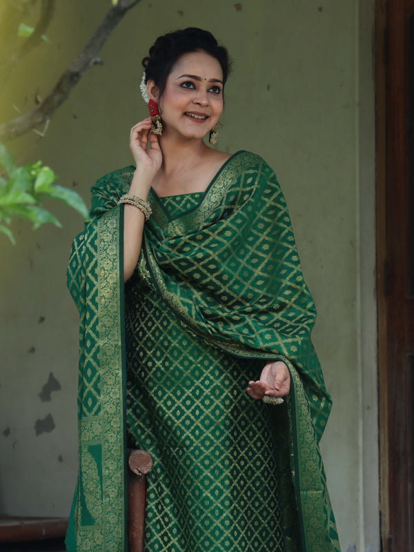 Banarasee Cotton Silk Zari Woven Salwar Kameez Dupatta Set-Green