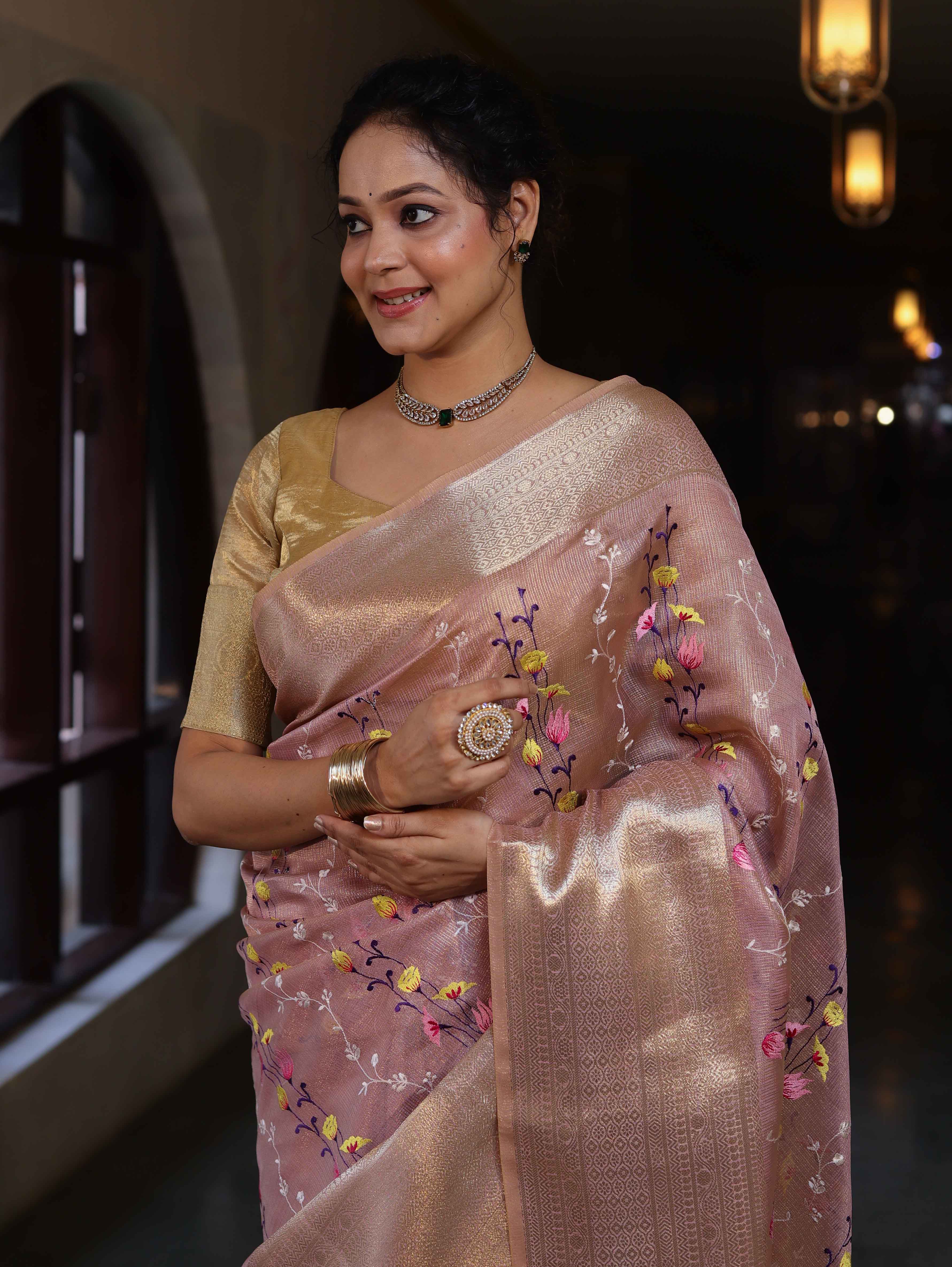 Banarasee Handwoven Tissue Saree With Thread Embroidery Digital Prints & Zari Border-Light Pink
