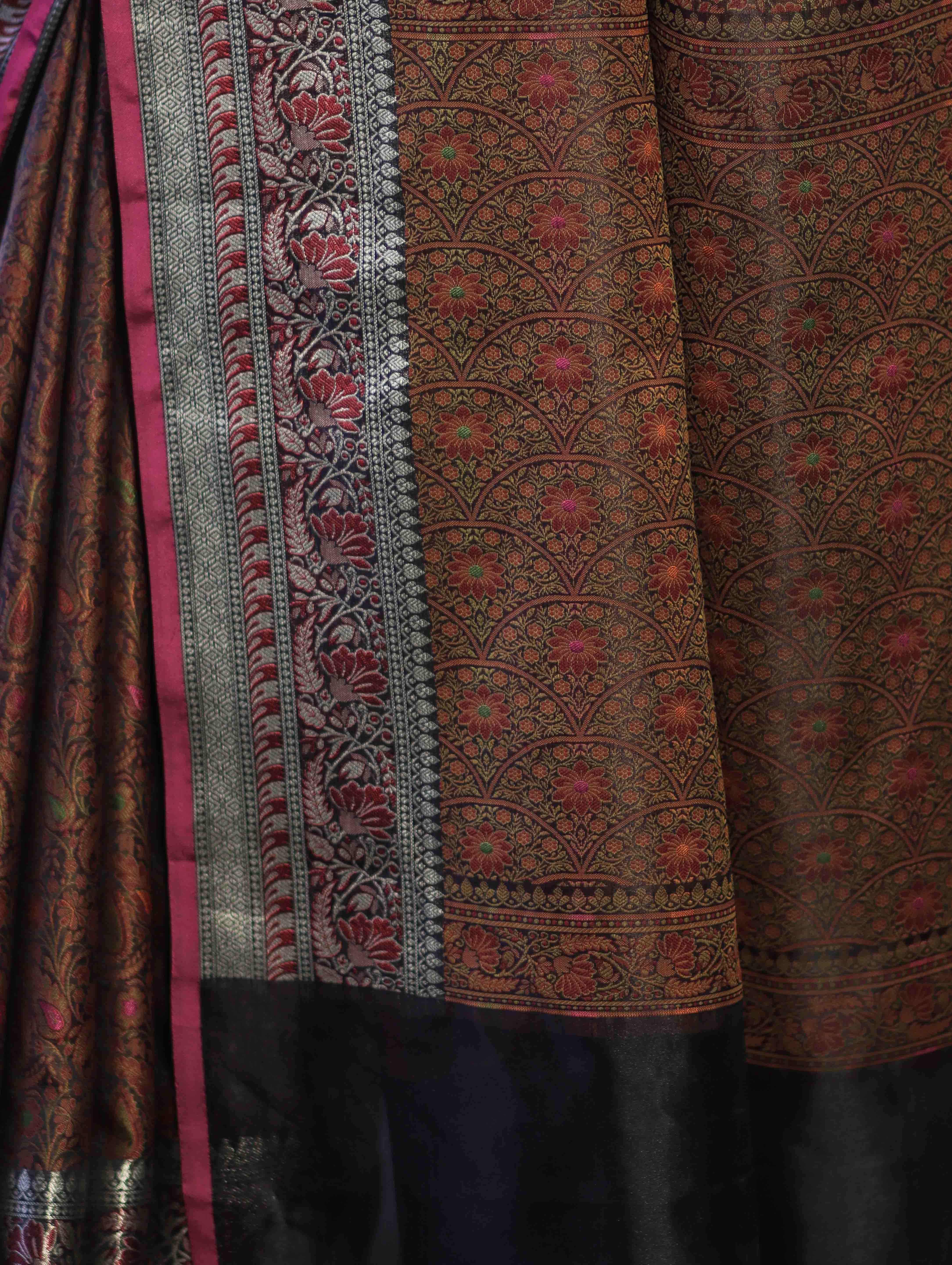 Banarasee Jamewar Tanchoi Soft Silk Saree with Contrast Border-Brown