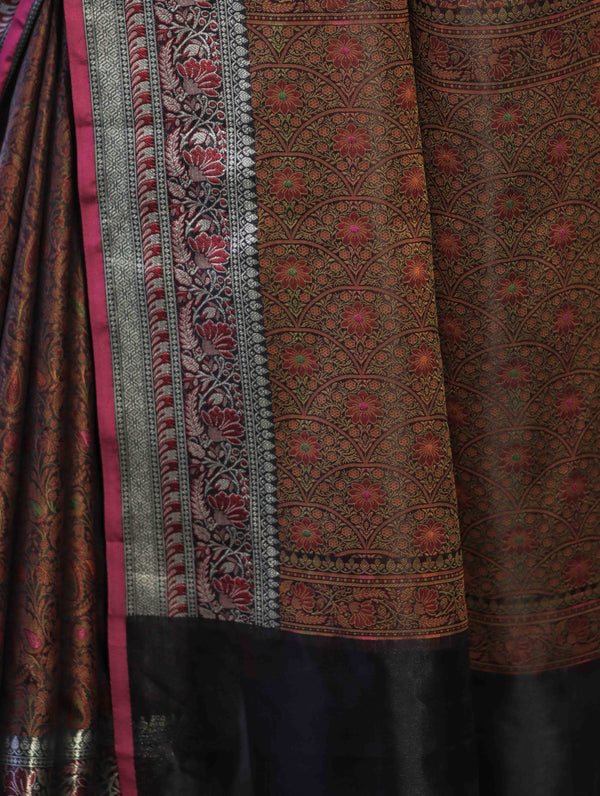 Banarasee Jamewar Tanchoi Soft Silk Saree with Contrast Border-Brown
