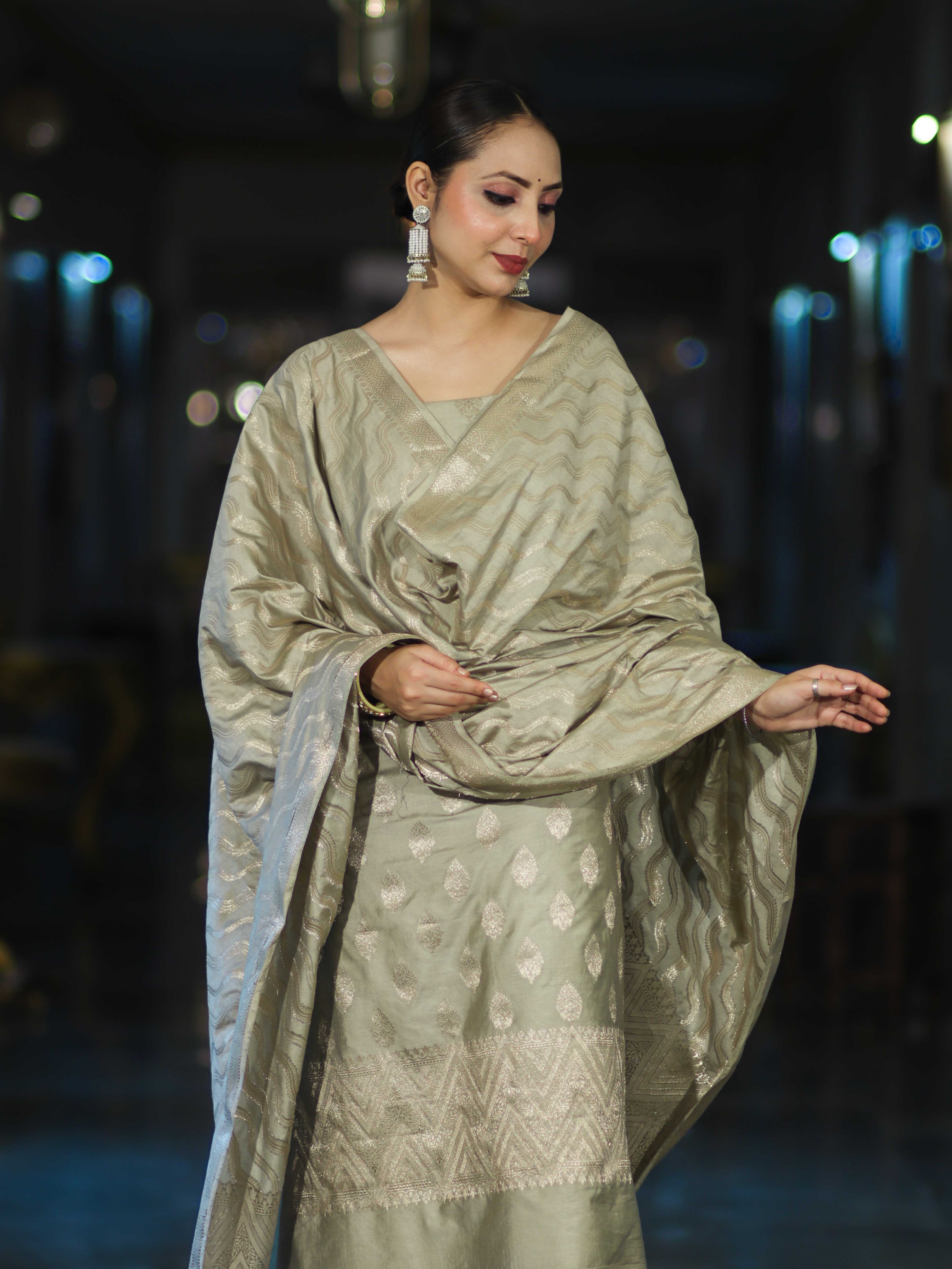 Banarasee Zari Embroidered Chanderi Silk Salwar Kameez With Dupatta Set-Sage Green