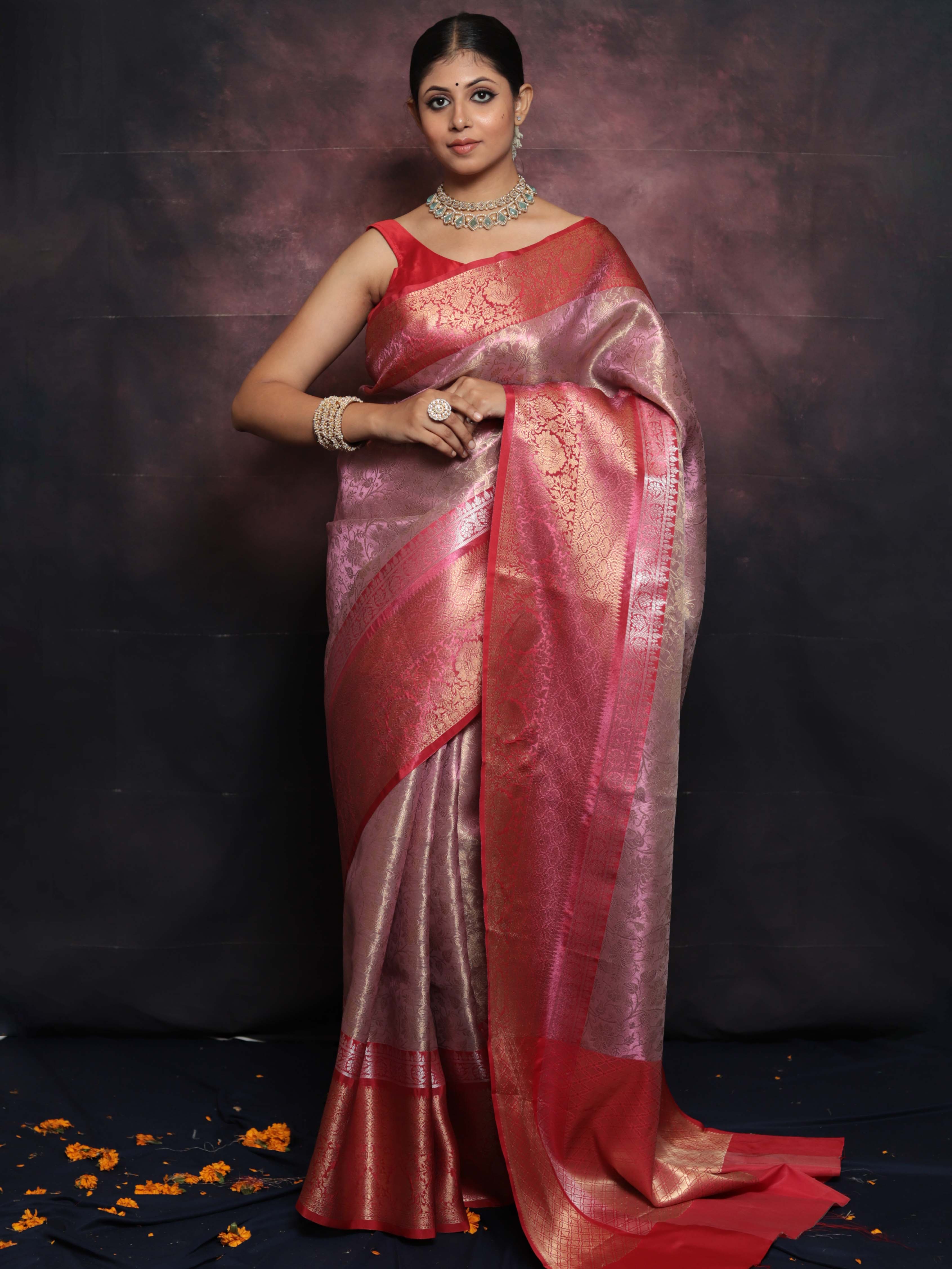 Banarasee Handwoven Broad Border Zari Jaal Design Tissue Saree-Pink & Red