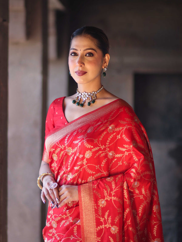 Banarasee Handloom Semi Silk Saree With Sona Rupa Zari Work & Border-Red