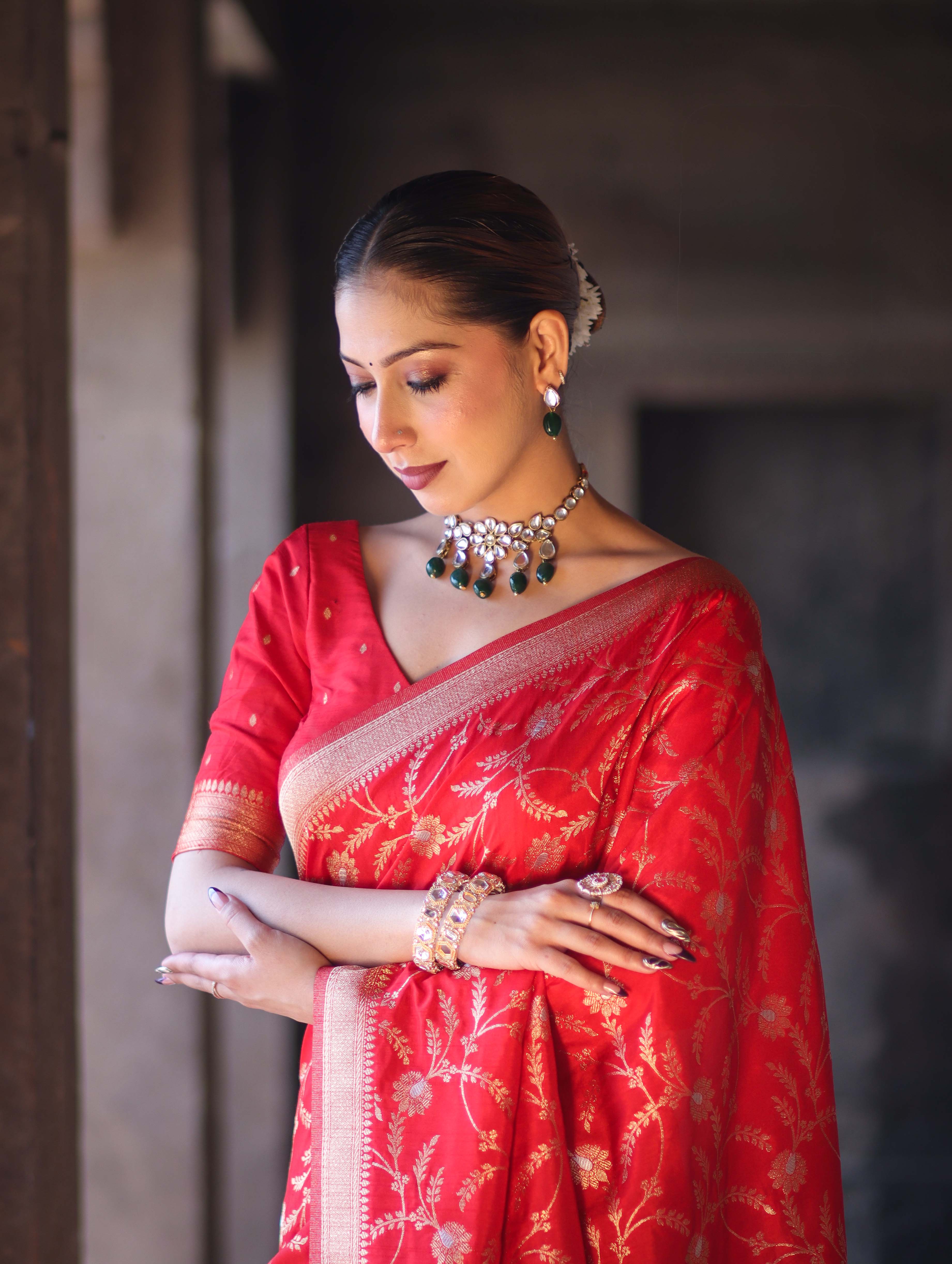 Banarasee Handloom Semi Silk Saree With Sona Rupa Zari Work & Border-Red
