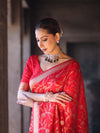 Banarasee Handloom Semi Silk Saree With Sona Rupa Zari Work & Border-Red
