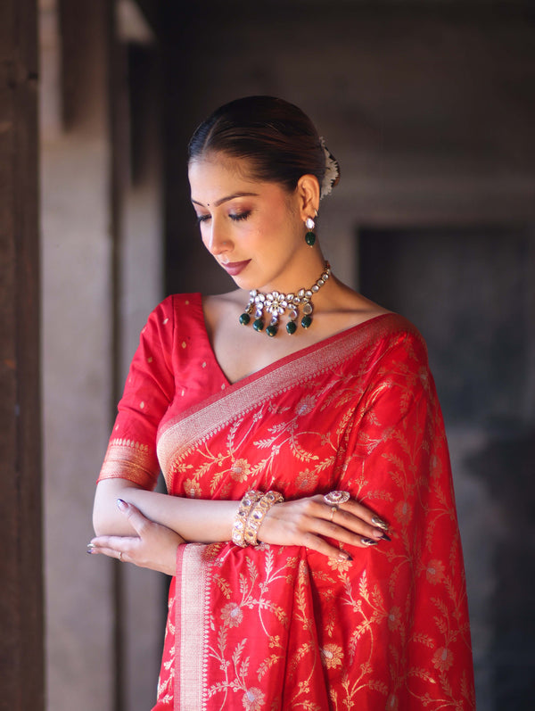 Banarasee Handloom Semi Silk Saree With Sona Rupa Zari Work & Border-Red