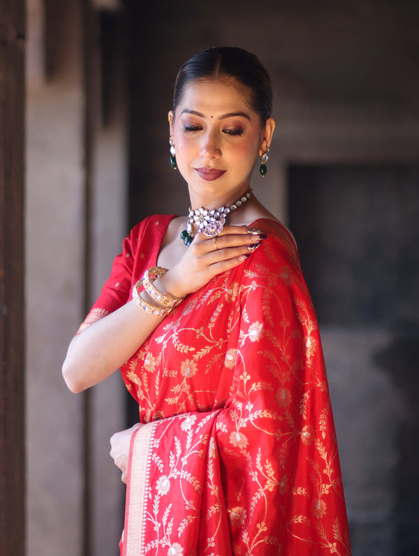 Banarasee Handloom Semi Silk Saree With Sona Rupa Zari Work & Border-Red