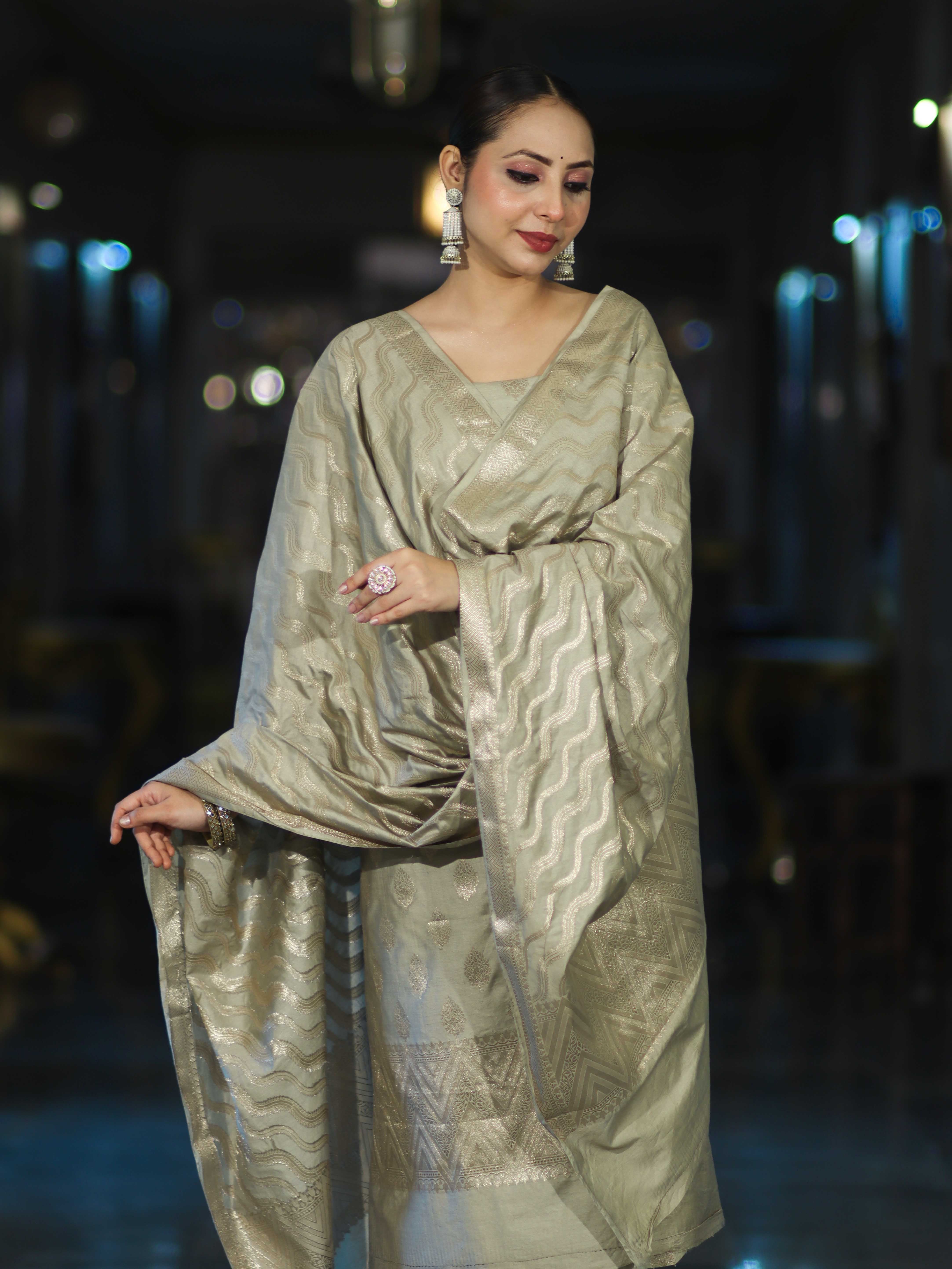 Banarasee Zari Embroidered Chanderi Silk Salwar Kameez With Dupatta Set-Sage Green
