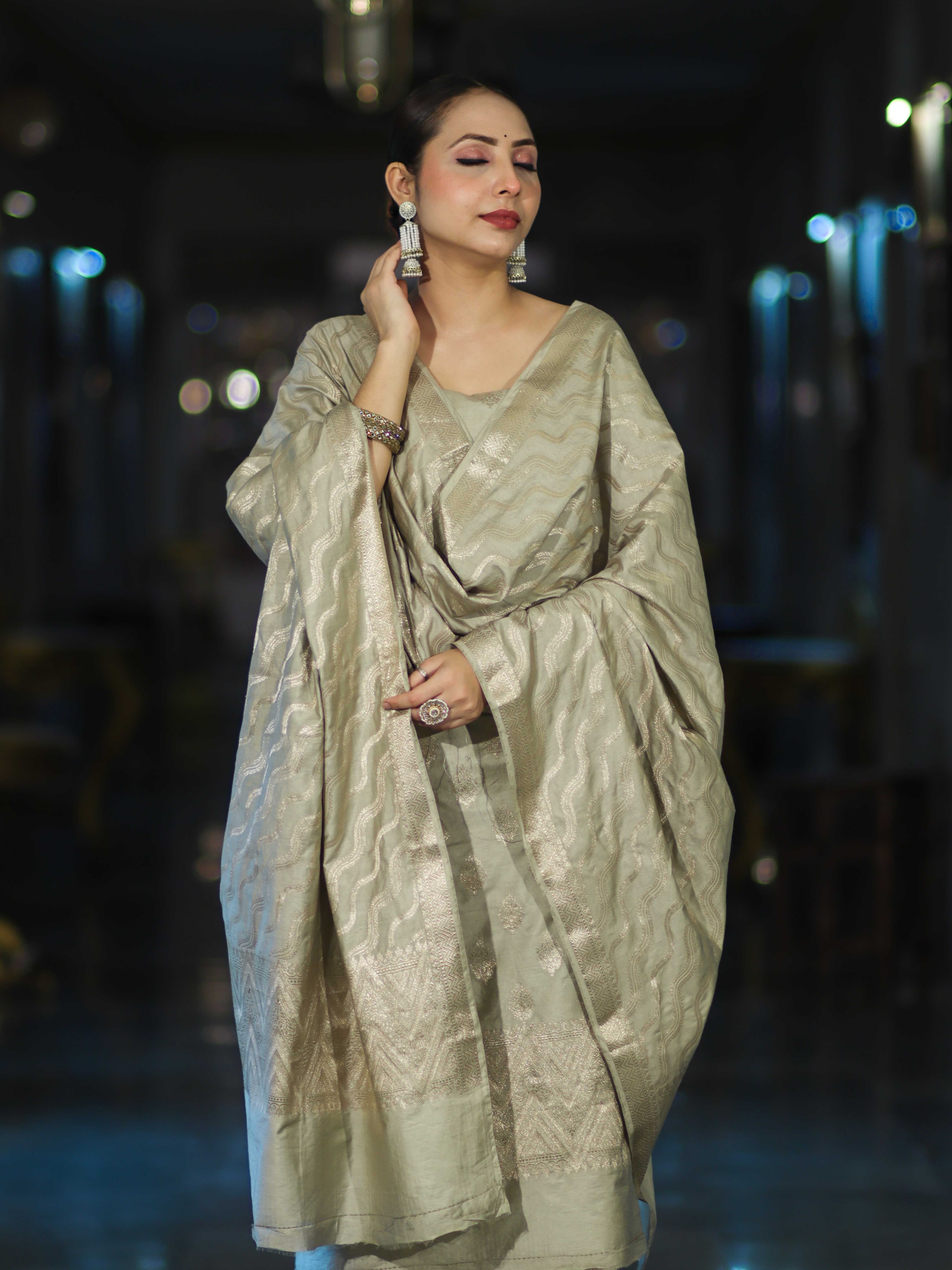 Banarasee Zari Embroidered Chanderi Silk Salwar Kameez With Dupatta Set-Sage Green