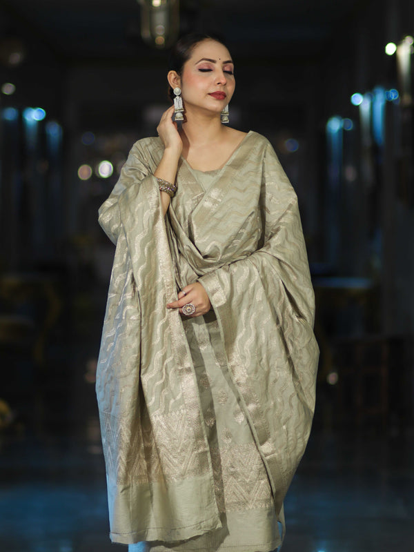 Banarasee Zari Embroidered Chanderi Silk Salwar Kameez With Dupatta Set-Sage Green
