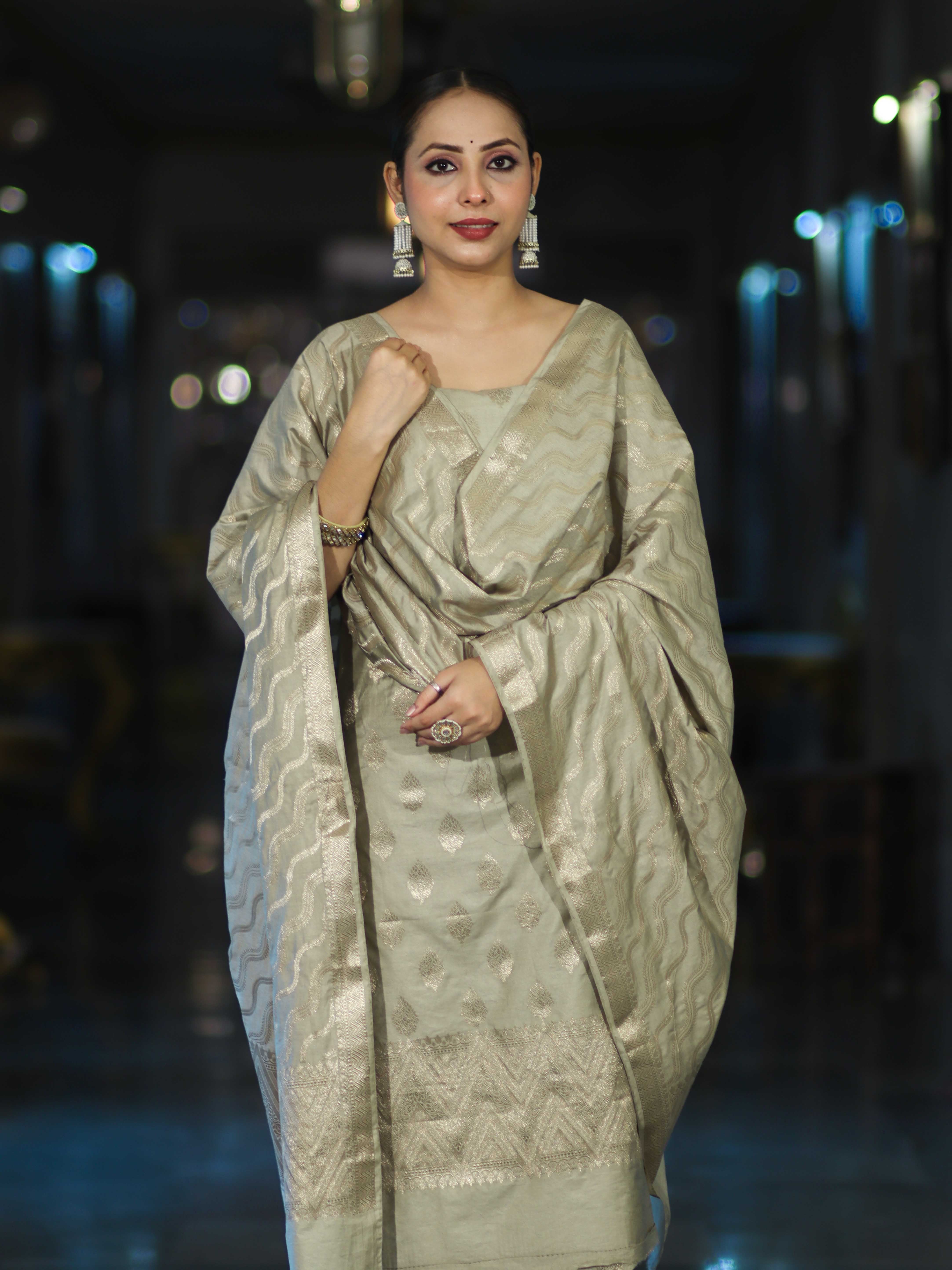 Banarasee Zari Embroidered Chanderi Silk Salwar Kameez With Dupatta Set-Sage Green