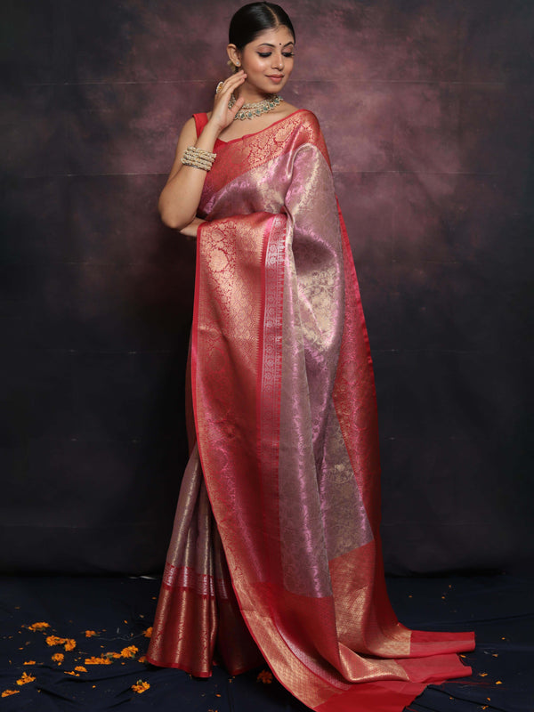 Banarasee Handwoven Broad Border Zari Jaal Design Tissue Saree-Pink & Red