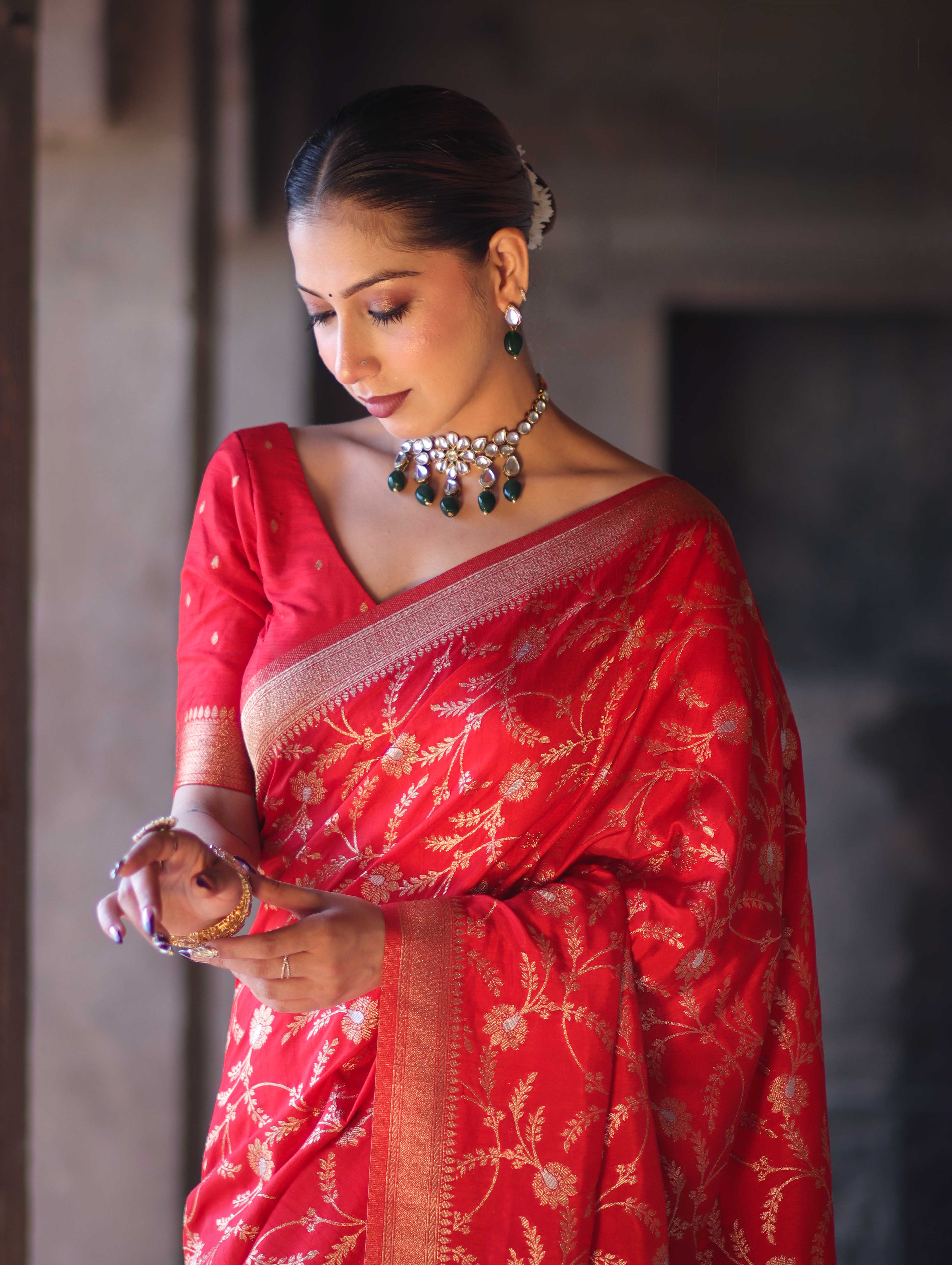Banarasee Handloom Semi Silk Saree With Sona Rupa Zari Work & Border-Red