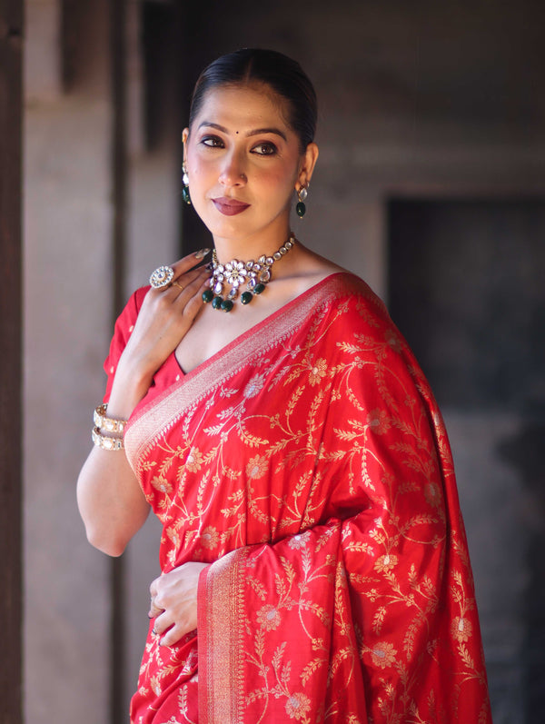 Banarasee Handloom Semi Silk Saree With Sona Rupa Zari Work & Border-Red
