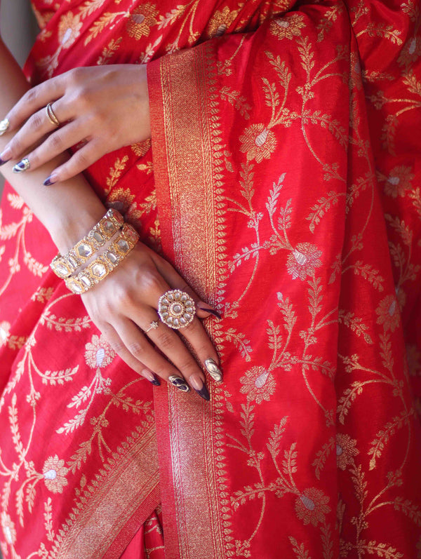 Banarasee Handloom Semi Silk Saree With Sona Rupa Zari Work & Border-Red