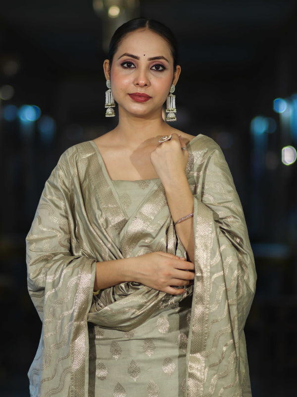 Banarasee Zari Embroidered Chanderi Silk Salwar Kameez With Dupatta Set-Sage Green