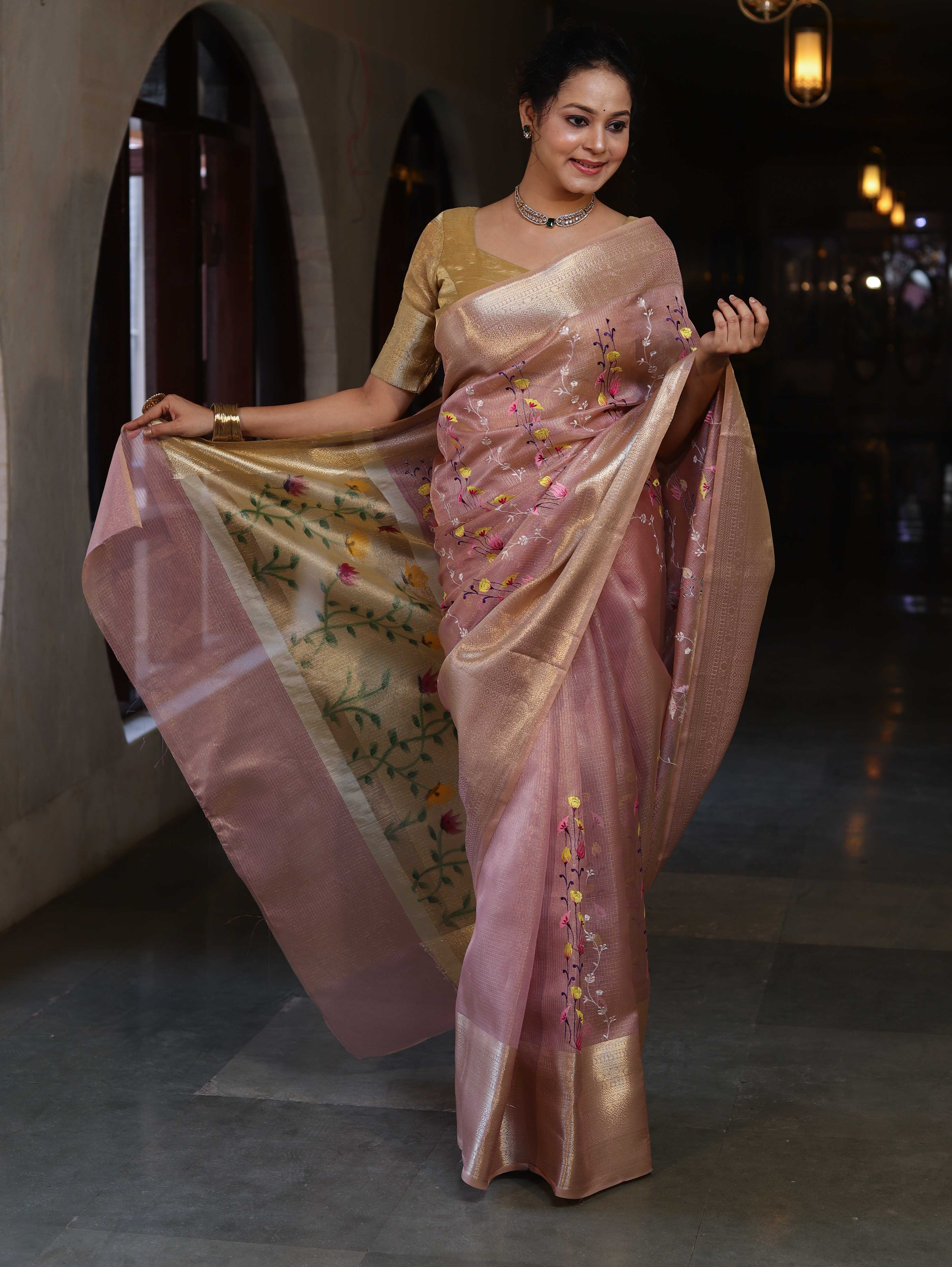Banarasee Handwoven Tissue Saree With Thread Embroidery Digital Prints & Zari Border-Light Pink