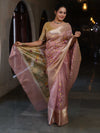 Banarasee Handwoven Tissue Saree With Thread Embroidery Digital Prints & Zari Border-Light Pink