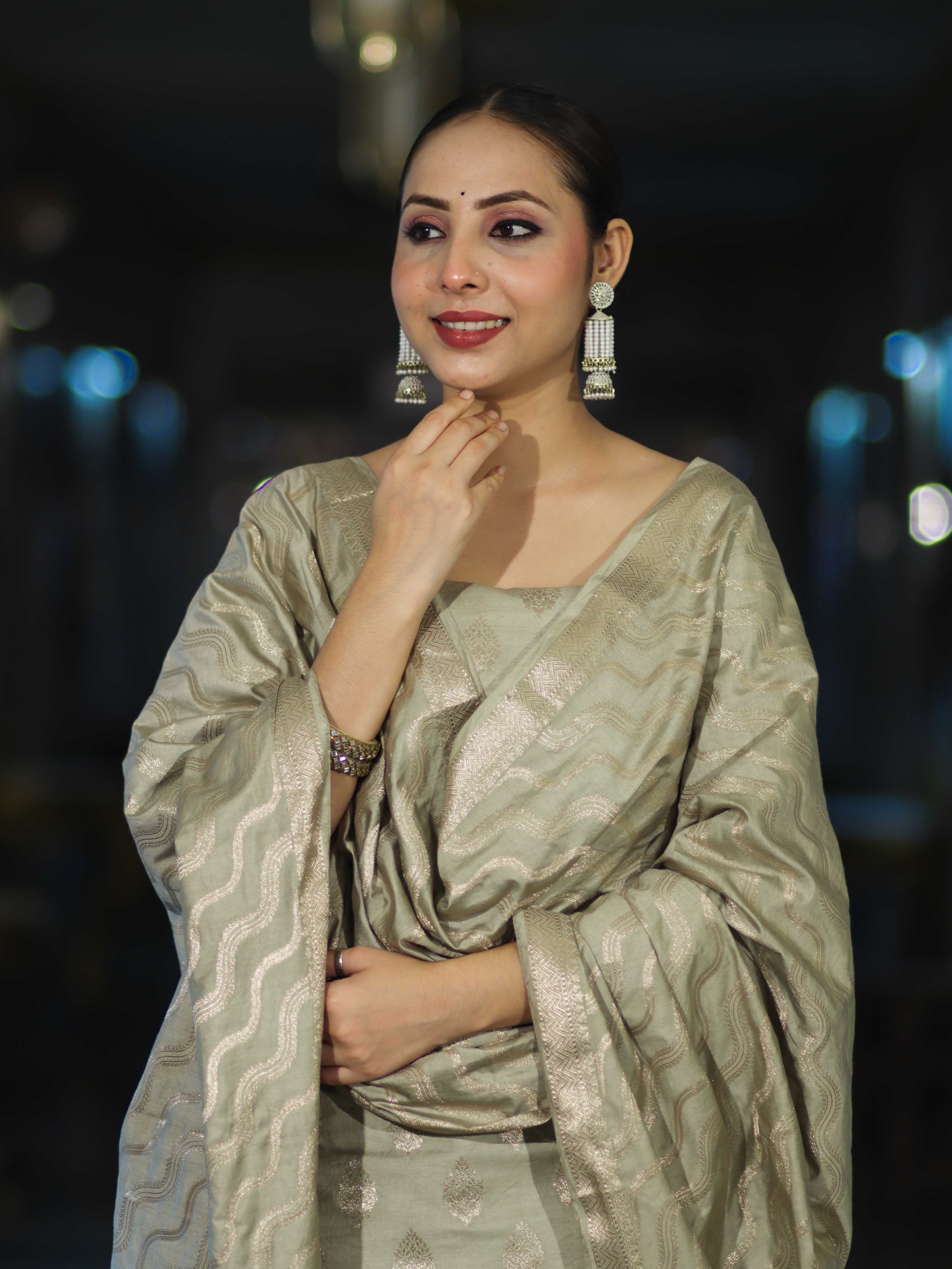 Banarasee Zari Embroidered Chanderi Silk Salwar Kameez With Dupatta Set-Sage Green