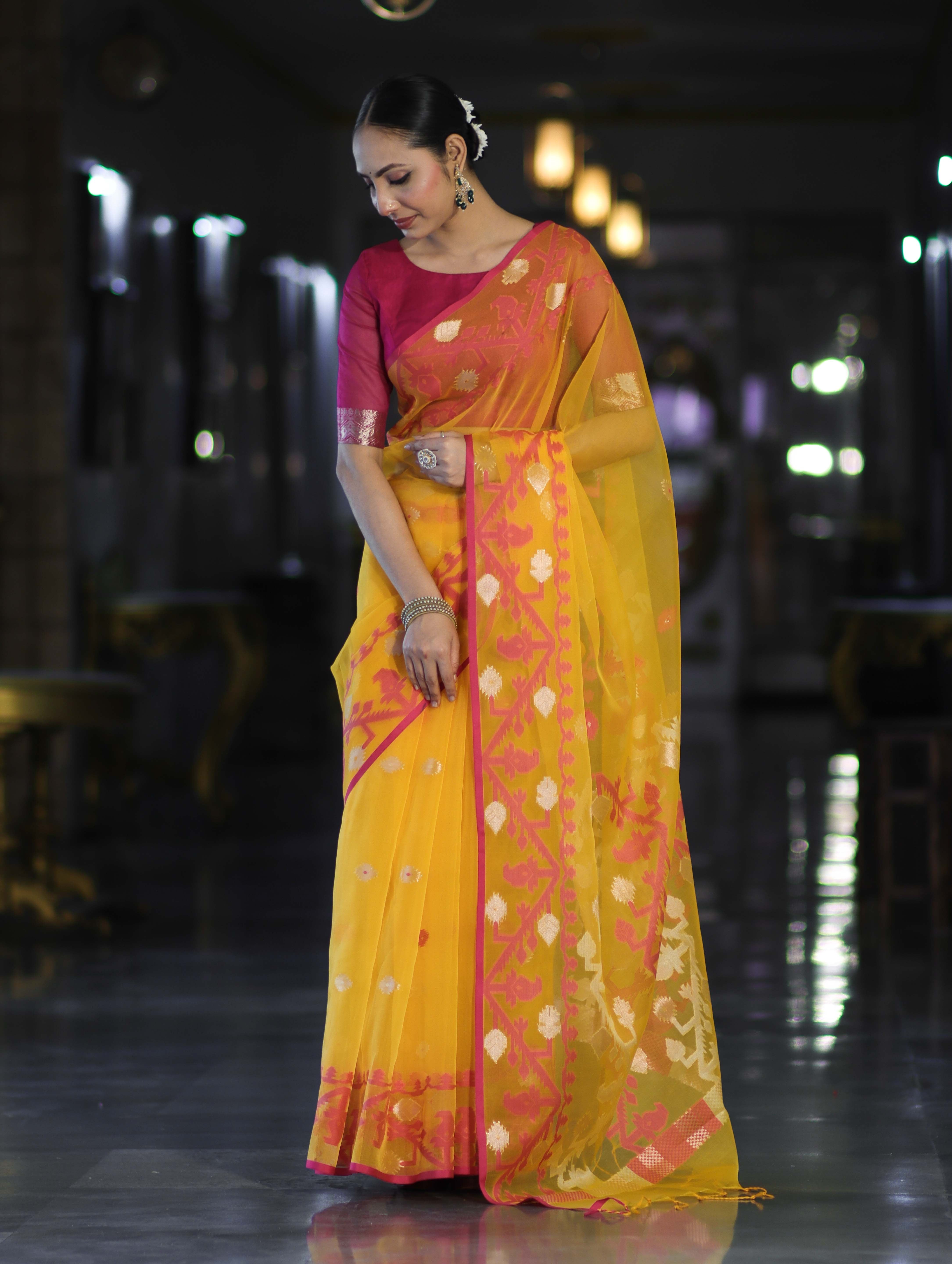 Banarasee Dual Color Organza Mix Saree With Resham & Zari Work-Yellow & Magenta
