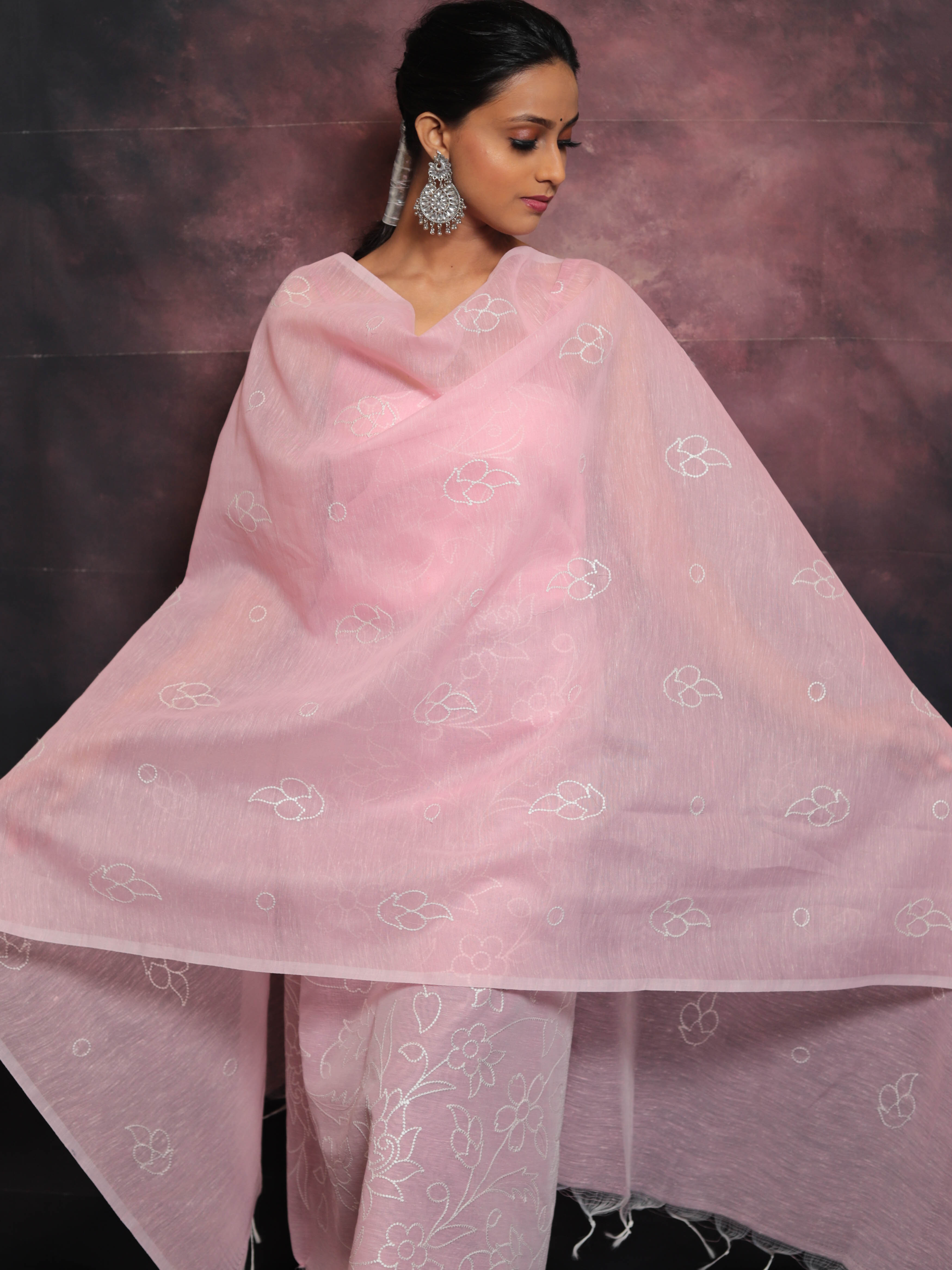 Banarasee Embroidered Linen Cotton Salwar Kameez With Dupatta-Pink