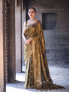 Banarasee Handloom Semi Silk Saree With Sona Rupa Zari Buta Work & Border-Olive Green (Yellow Tone)
