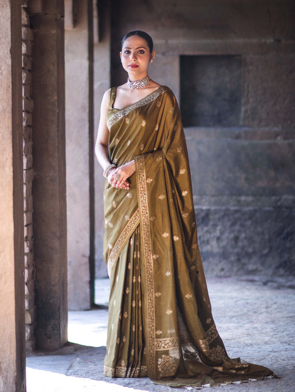 Banarasee Handloom Semi Silk Saree With Sona Rupa Zari Buta Work & Border-Olive Green (Yellow Tone)