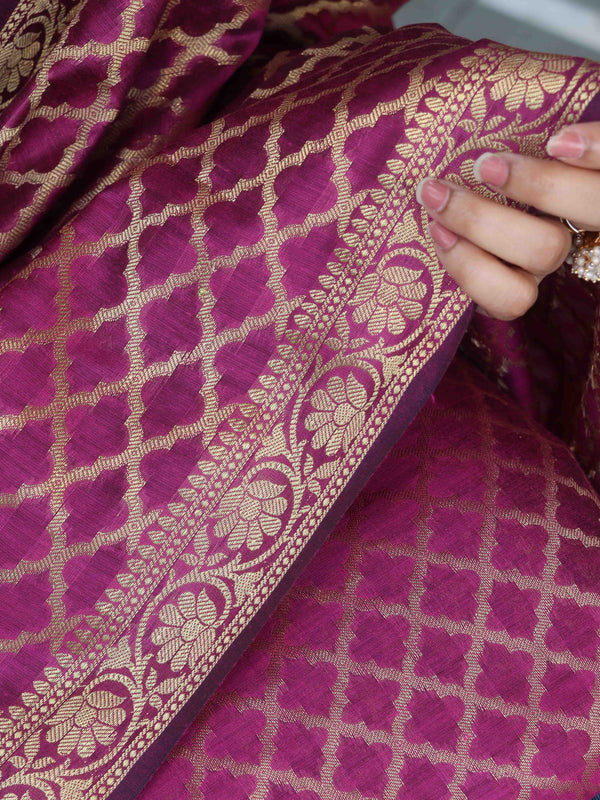 Banarasee Cotton Silk Zari Woven Salwar Kameez Dupatta Set-Magenta
