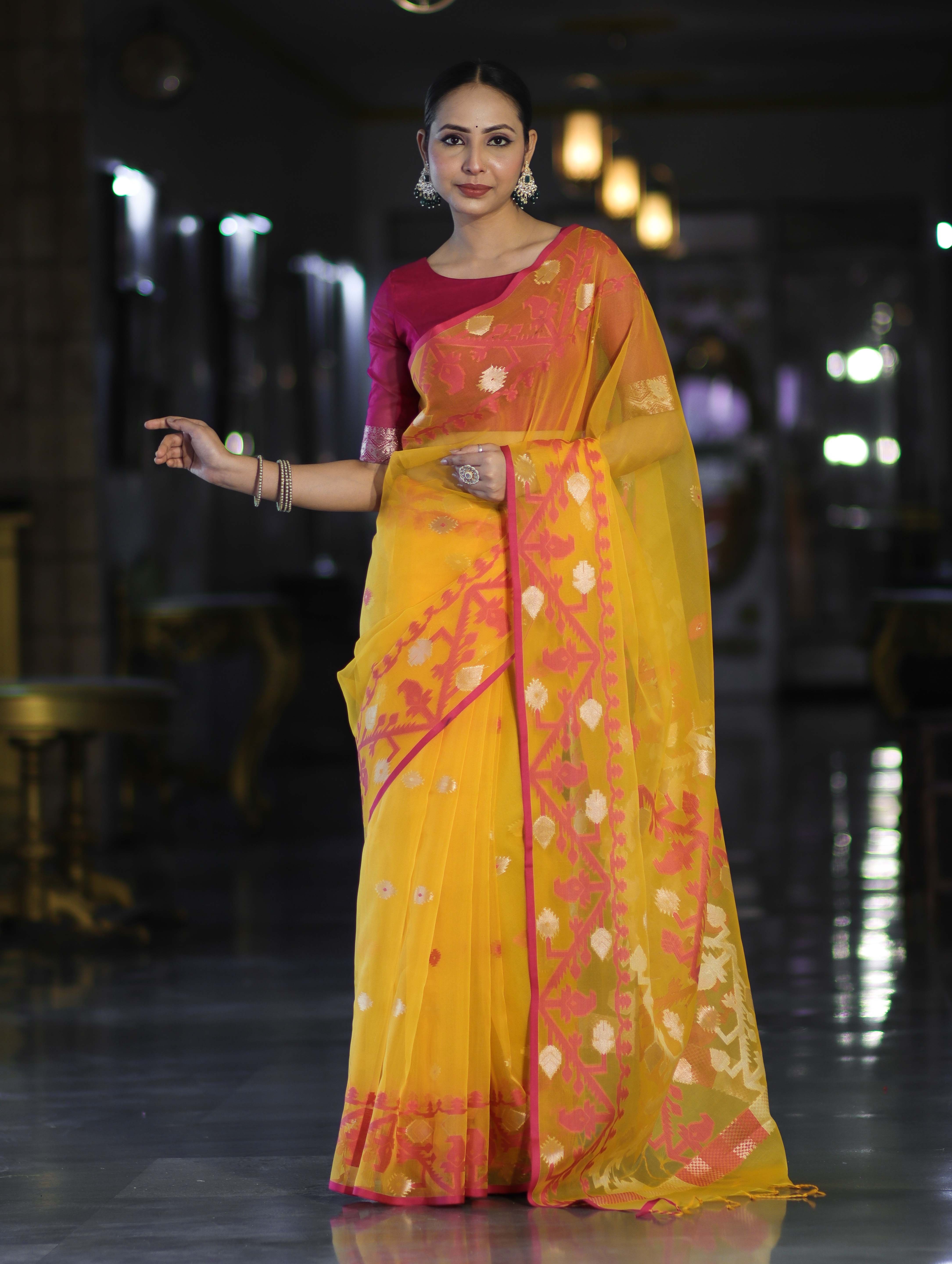 Banarasee Dual Color Organza Mix Saree With Resham & Zari Work-Yellow & Magenta