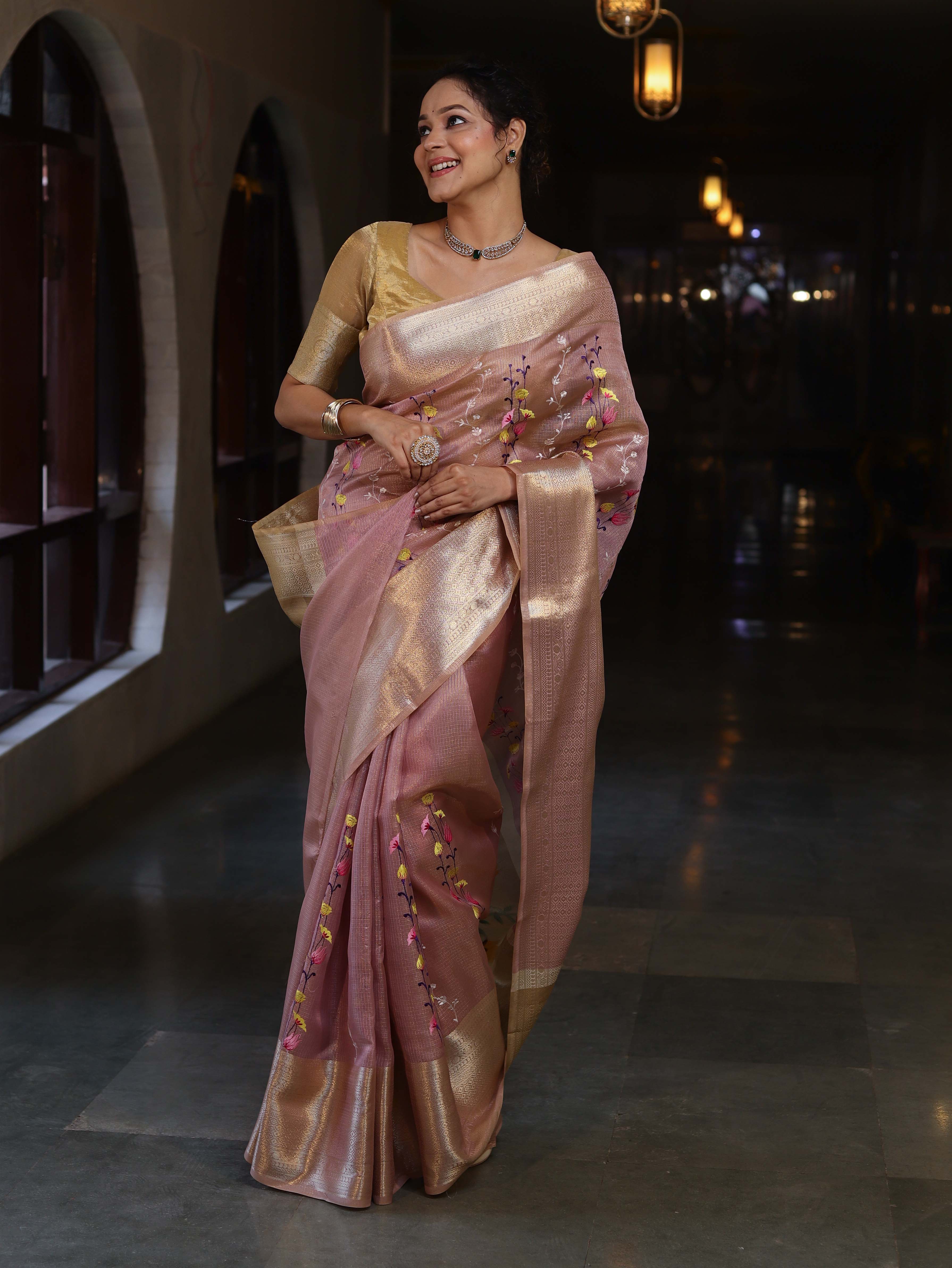 Banarasee Handwoven Tissue Saree With Thread Embroidery Digital Prints & Zari Border-Light Pink