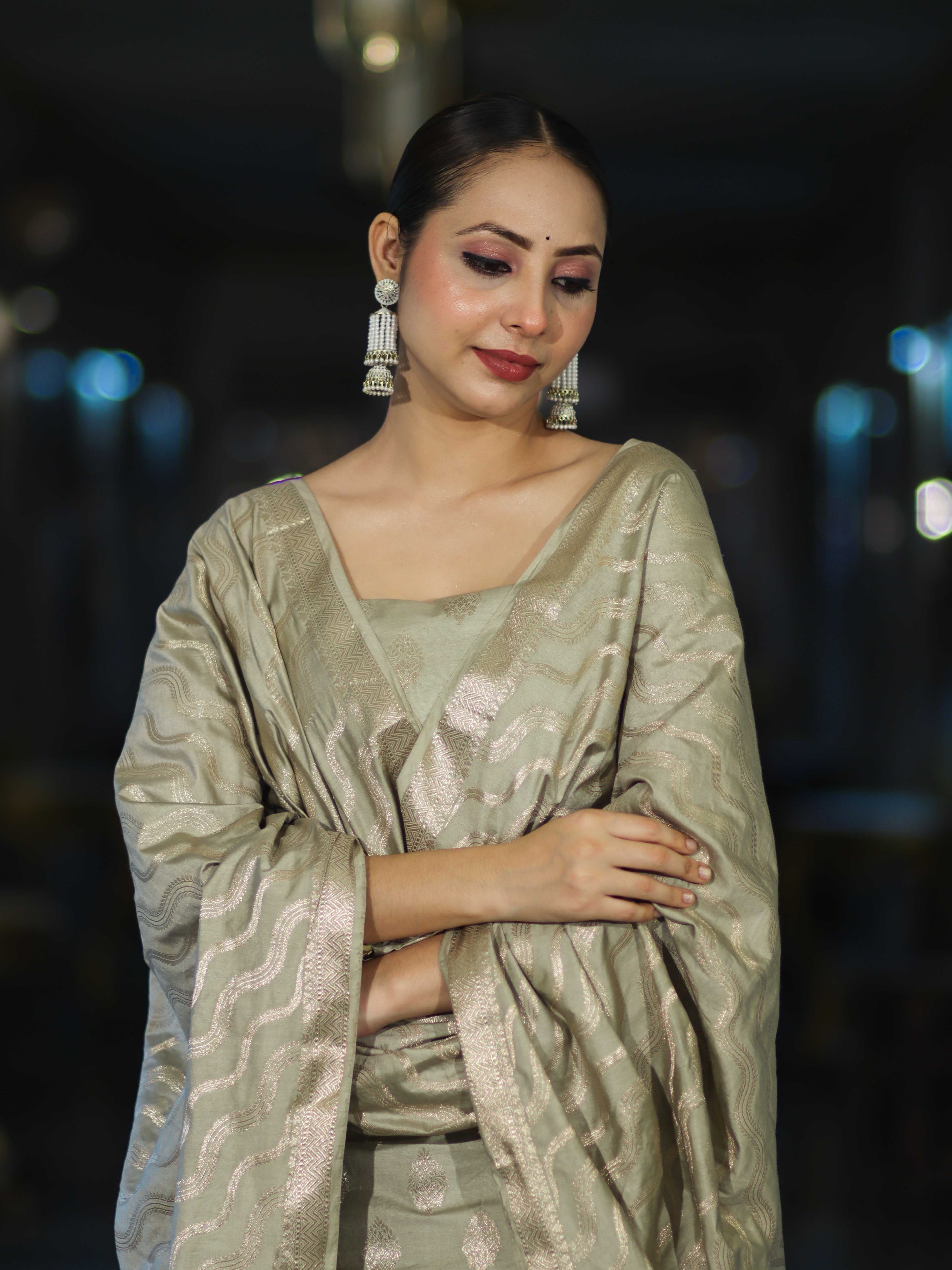 Banarasee Zari Embroidered Chanderi Silk Salwar Kameez With Dupatta Set-Sage Green