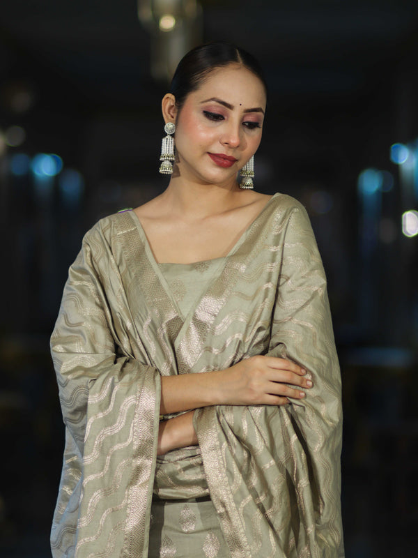 Banarasee Zari Embroidered Chanderi Silk Salwar Kameez With Dupatta Set-Sage Green