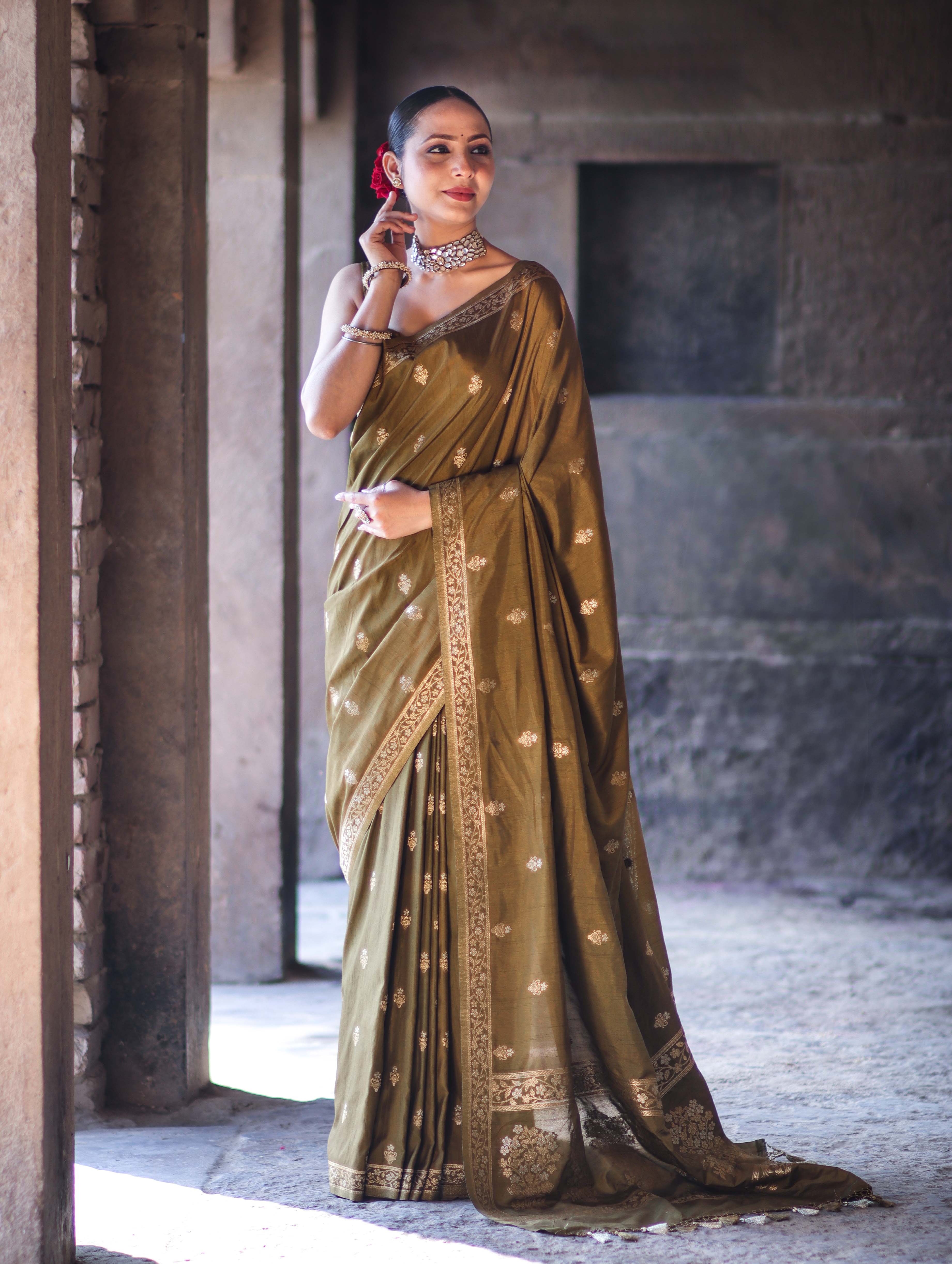 Banarasee Handloom Semi Silk Saree With Sona Rupa Zari Buta Work & Border-Olive Green (Yellow Tone)