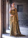 Banarasee Handloom Semi Silk Saree With Sona Rupa Zari Buta Work & Border-Olive Green (Yellow Tone)