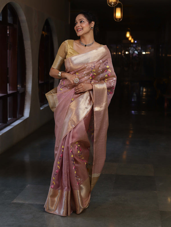 Banarasee Handwoven Tissue Saree With Thread Embroidery Digital Prints & Zari Border-Light Pink