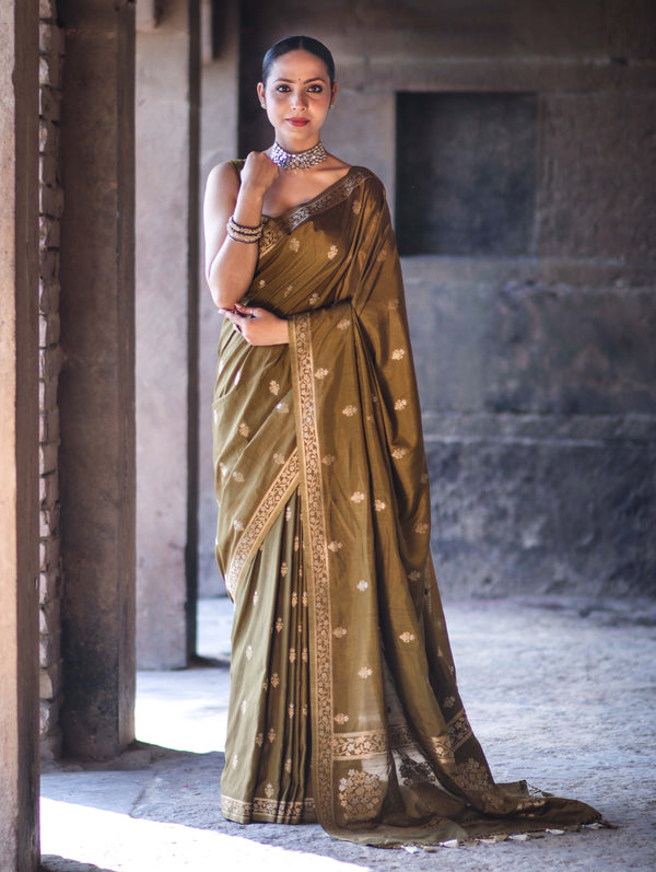 Banarasee Handloom Semi Silk Saree With Sona Rupa Zari Buta Work & Border-Olive Green (Yellow Tone)