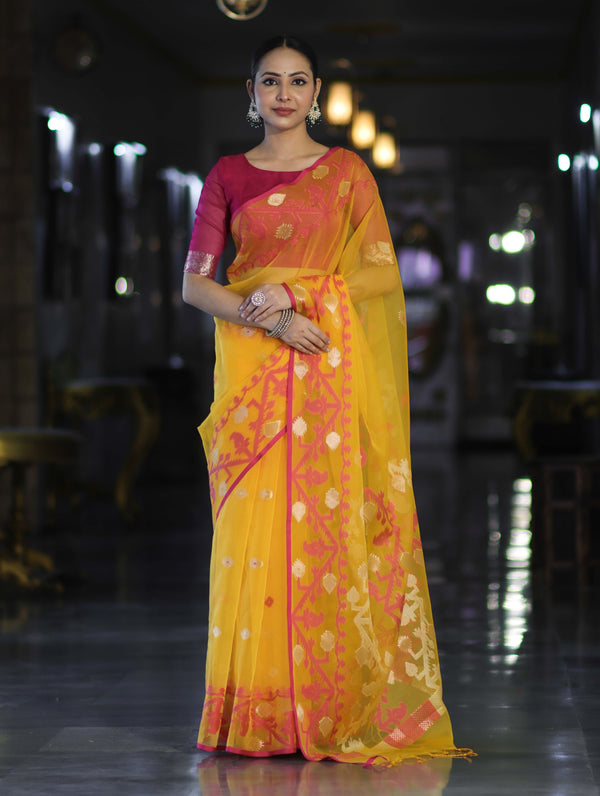 Banarasee Dual Color Organza Mix Saree With Resham & Zari Work-Yellow & Magenta